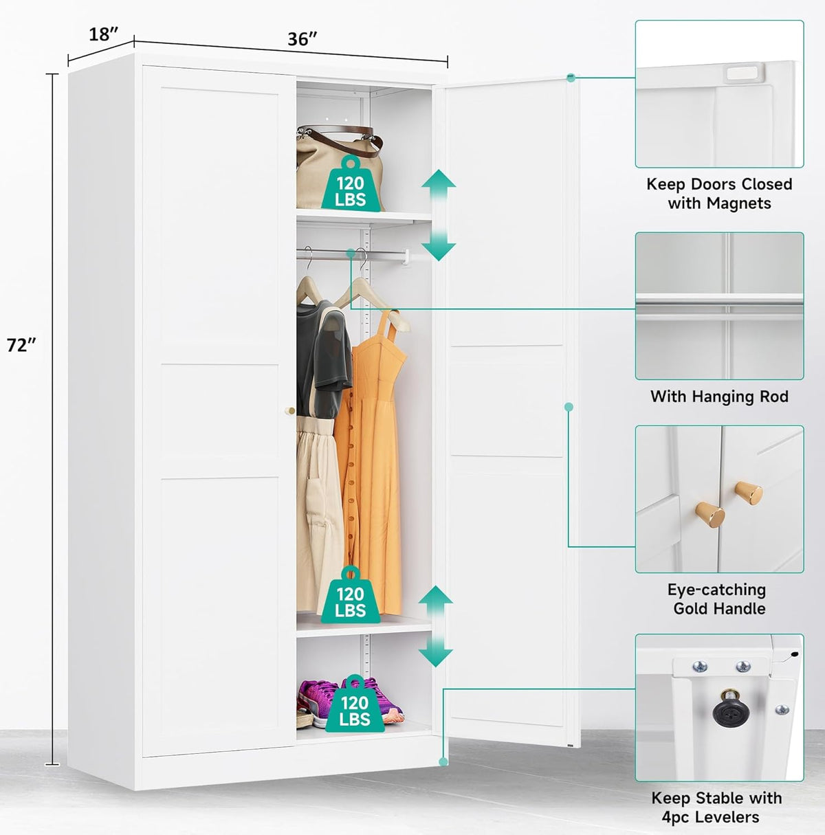 Metal Wardrobe Cabinet with Hanging Rod,White Armoire Wardrobe Closet,Metal Clothing Storage