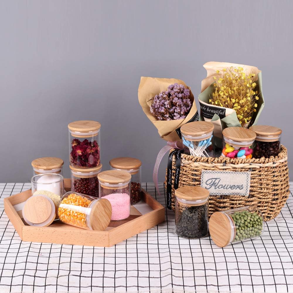 Glass Jars Set,Upgrade Spice Jars with Wood Airtight Lids and Labels, 6oz 12 Piece Small Food