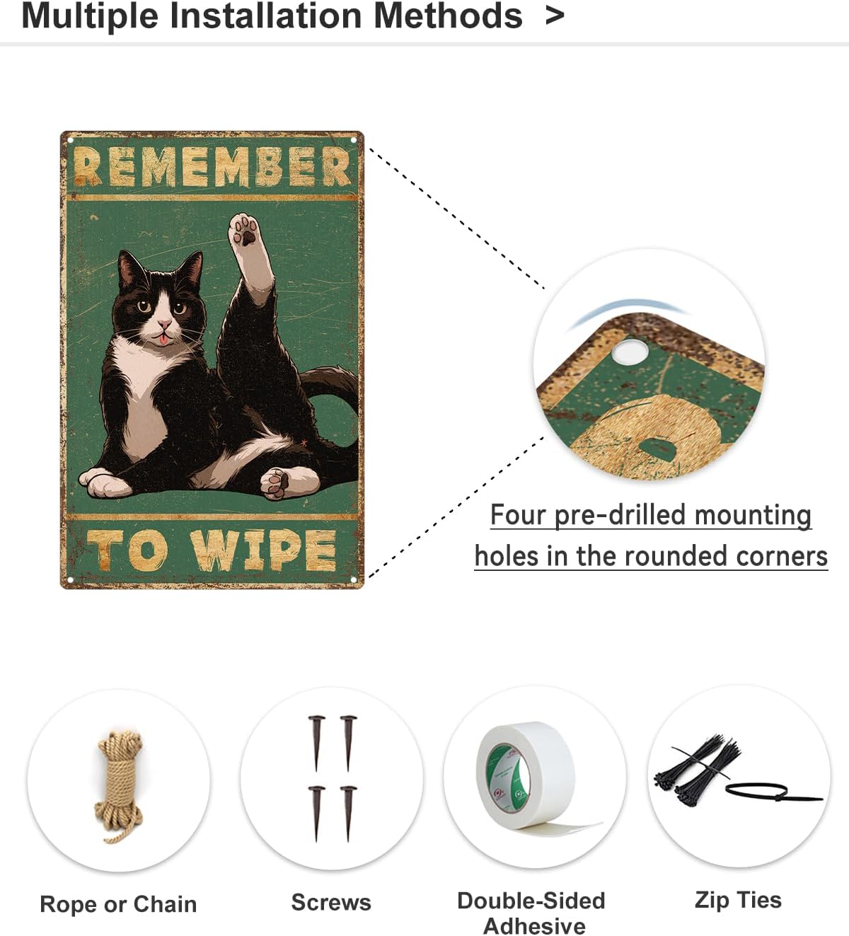 ALKB Bathroom Tuxedo Cat Sign - Remember to Wipe - Cat Lover Gift 8x12 Inch Vintage Metal Sign for