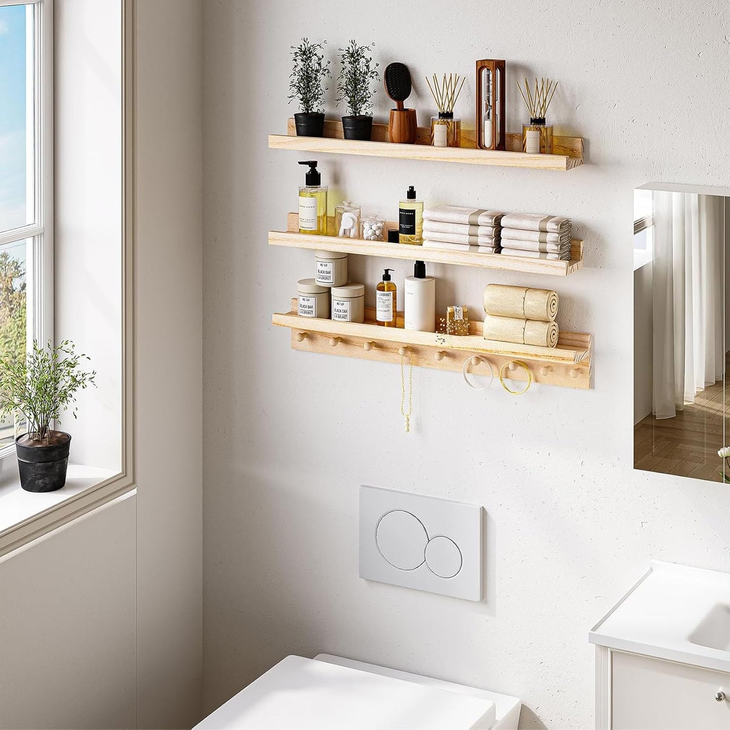 MBYD Wood Wall Shelf With Hooks Floating Shelves for Wall Bathroom Shelves Wall Mounted Nursery