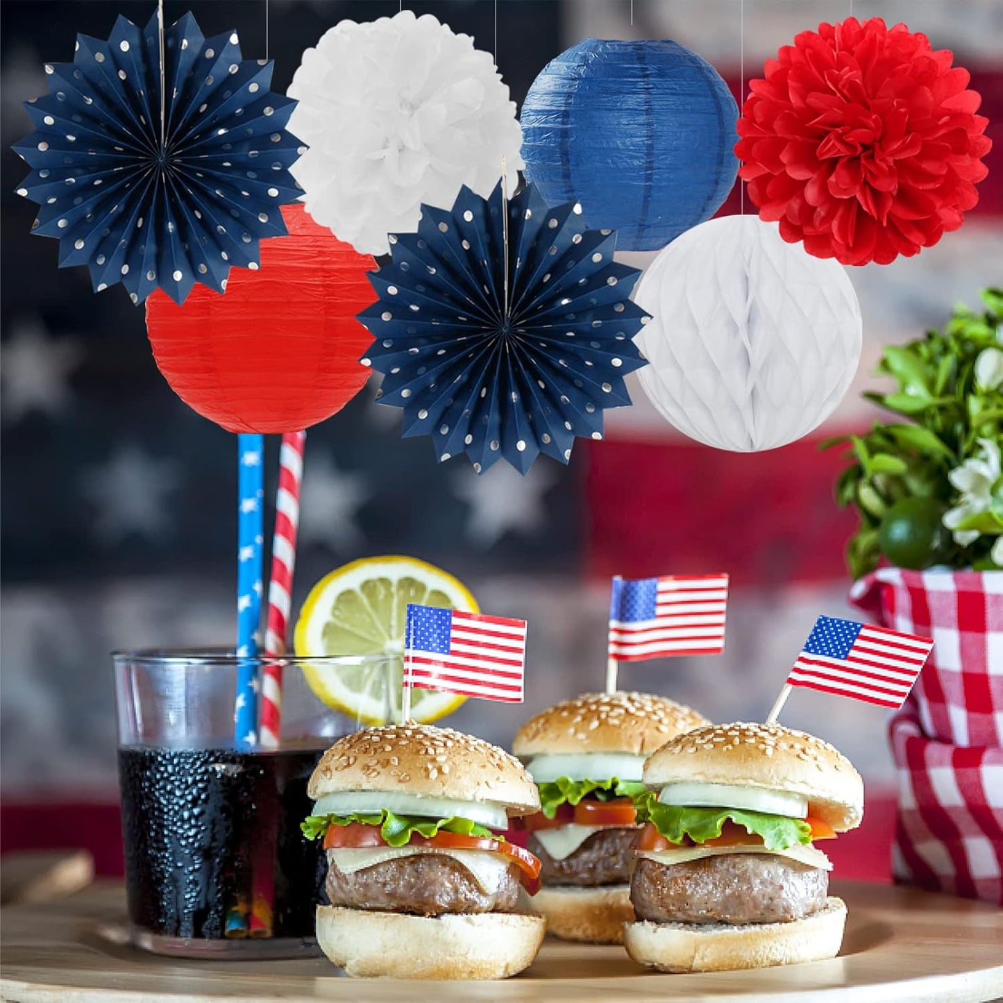 Fourth-4th of July-Imemorial Party-Decorations Lanterns - 14pcs Red White Blue Graduation Paper