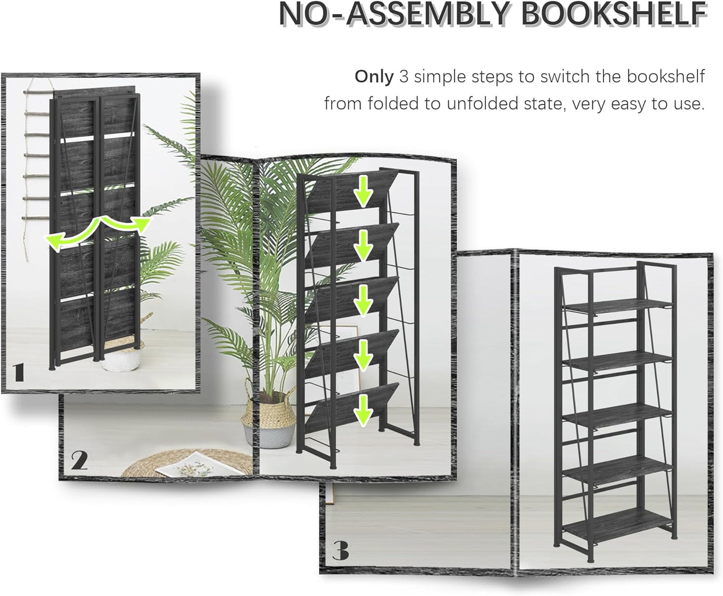 4NM No Assembly Foldable Bookshelf, 5-Shelf Collapsible Bookcase Storage for Small Spaces, 62.2" H