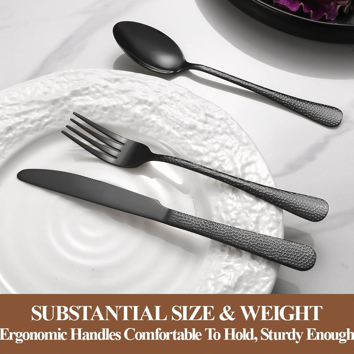 20 Pcs Black Silverware Set for 4 with Hammered Design, Food Grade Stainless Steel Flatware Set
