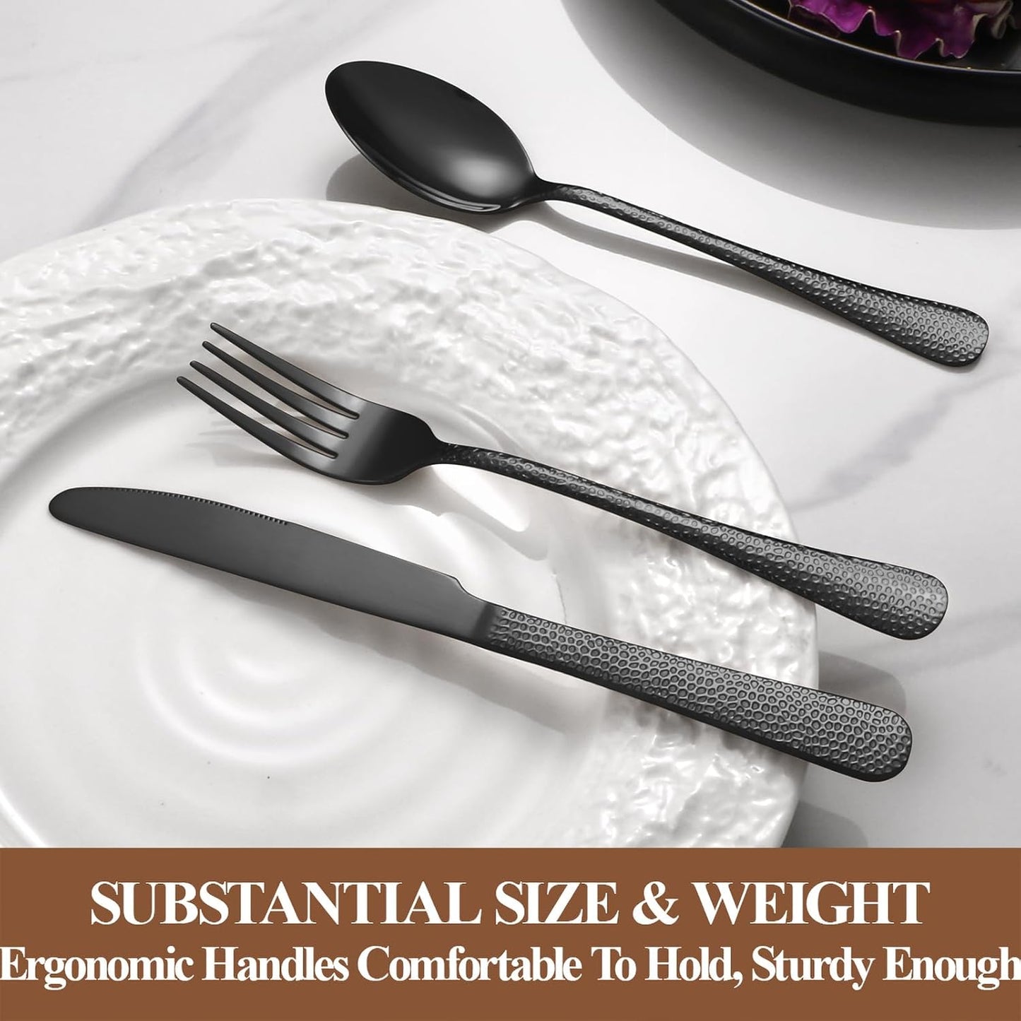 40 Pcs Black Silverware Set for 8 with Hammered Design, Food Grade Stainless Steel Flatware Set