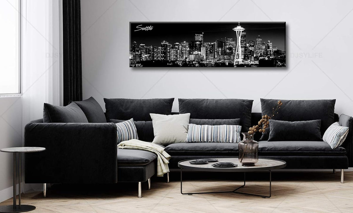Seattle City Skyline Wall Art Black and White Canvas Prints Panorama Cityscape Picture Night View