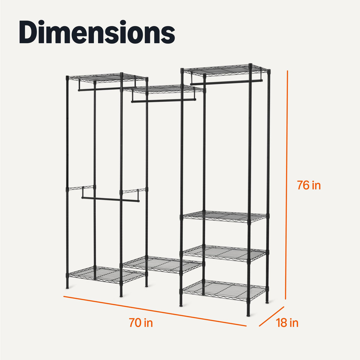 Amazon Basics Closet Organizer, Metal Rack with Shelves and Hanging Rod, 70" W x 18" D x 76" H