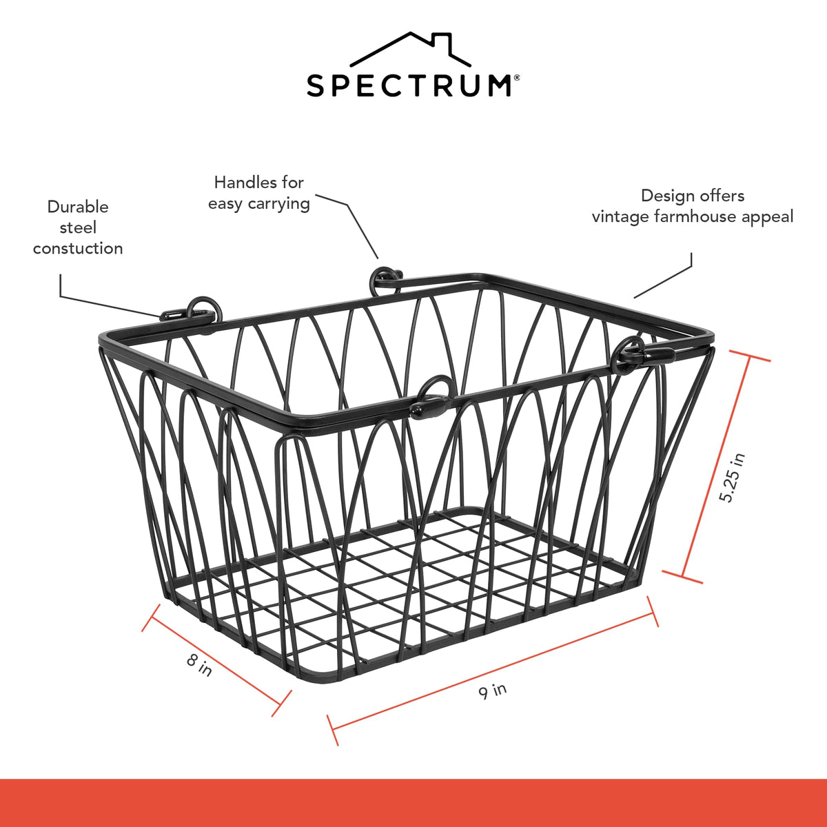 Spectrum Small Wire Basket with Handles Black Farmhouse Basket Organizer for Kitchen Bathroom