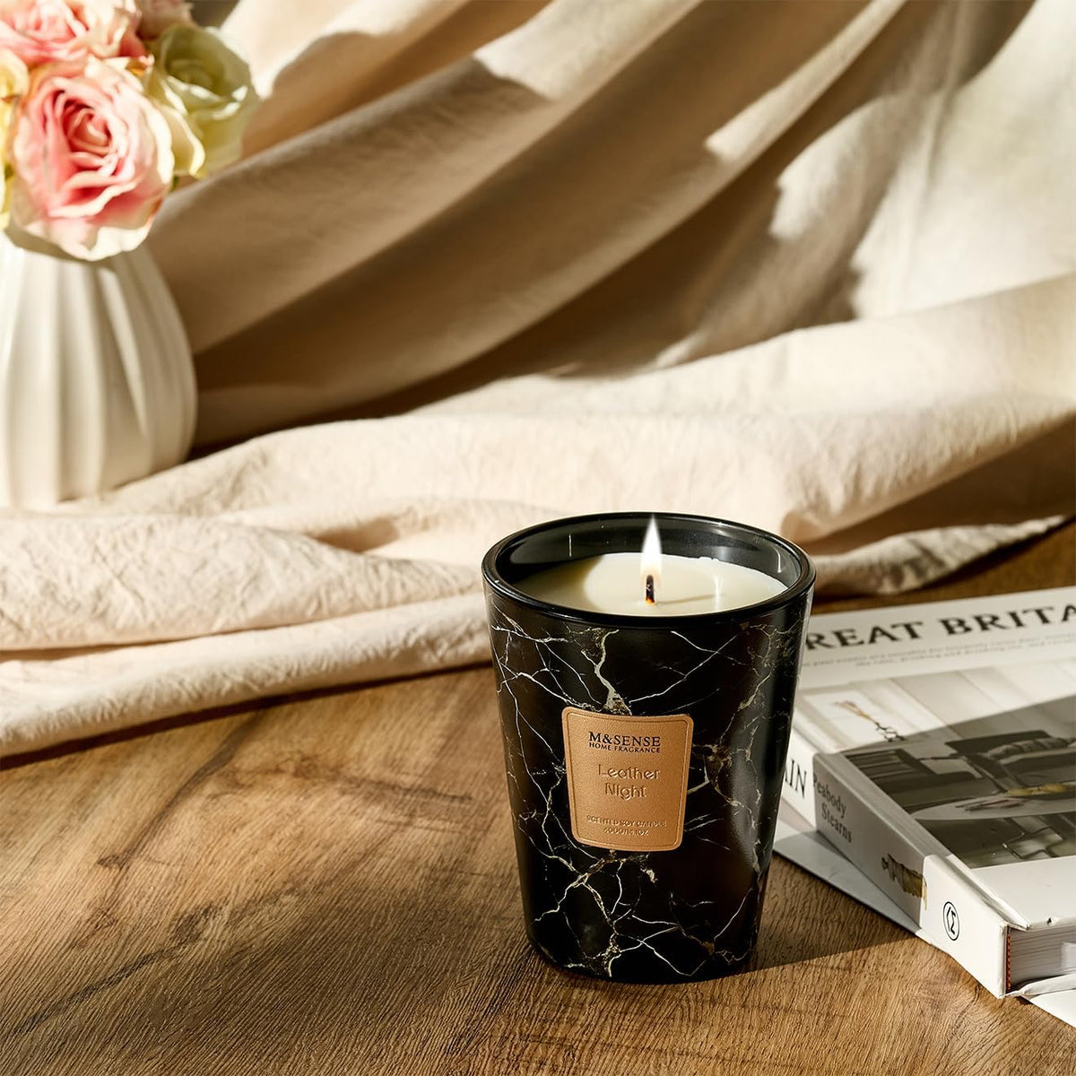 M&SENSE LeatherNight Scented Candles for Home, Lead-Free Wick Highly Scented Jar Candles, 14.1 Oz