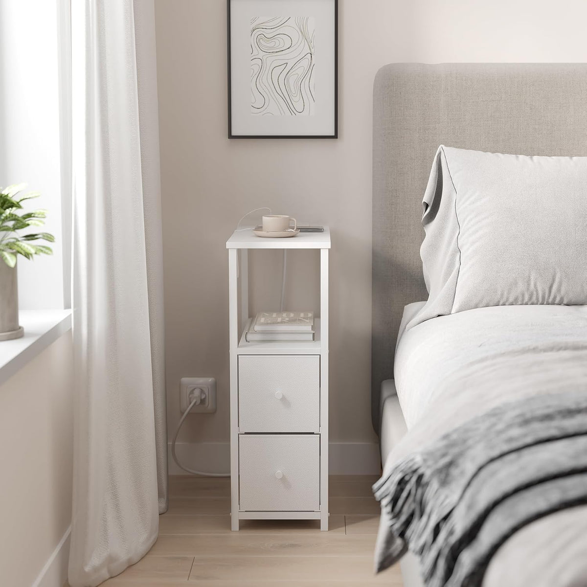 TUTOTAK Small Narrow LED End Table with Charging Station, Side Table Outlets, Nightstand with 2