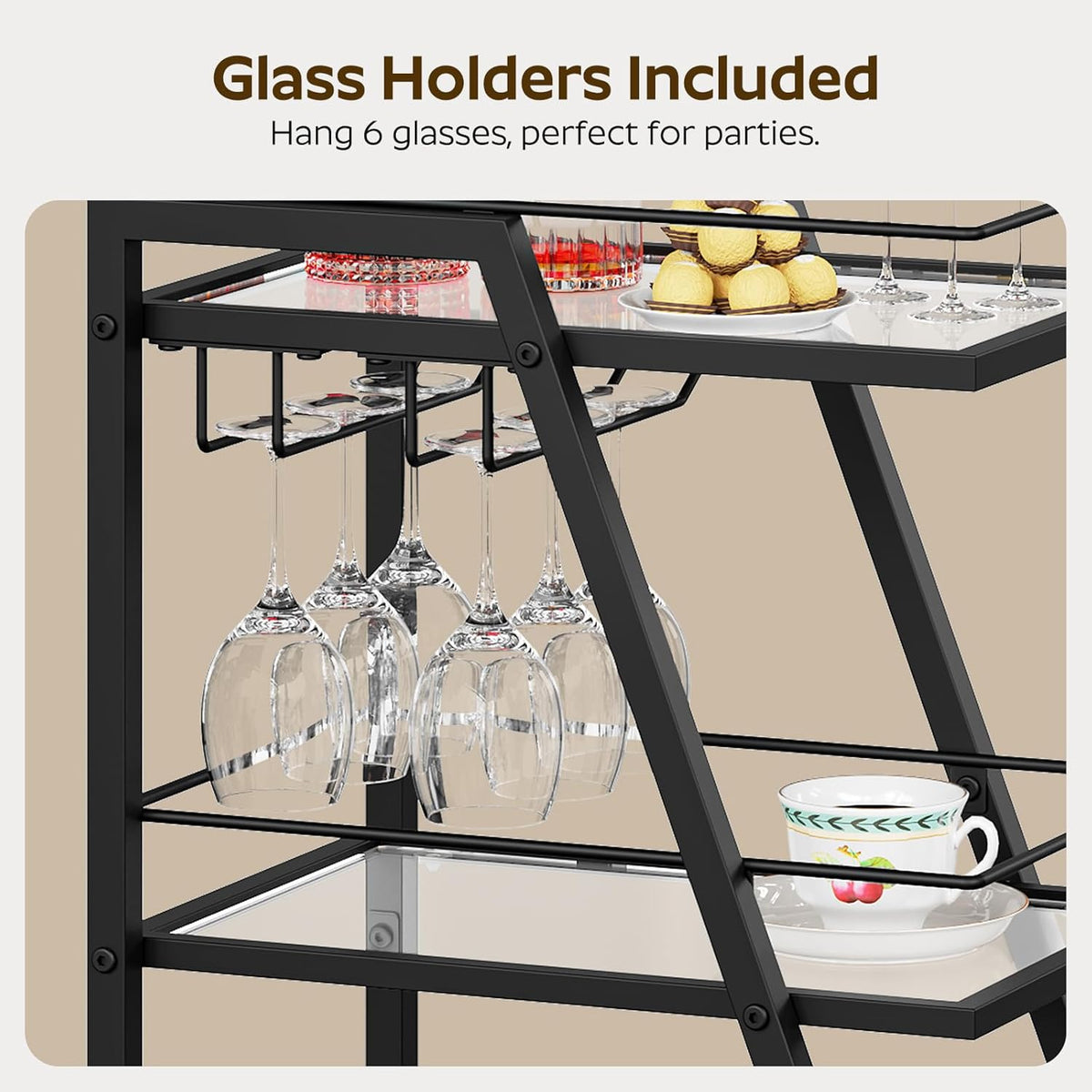 Bar Cart, 3-Tier Bar Cart for The Home, Home Bar Serving Cart with Glass Holders, Beverage Cart for