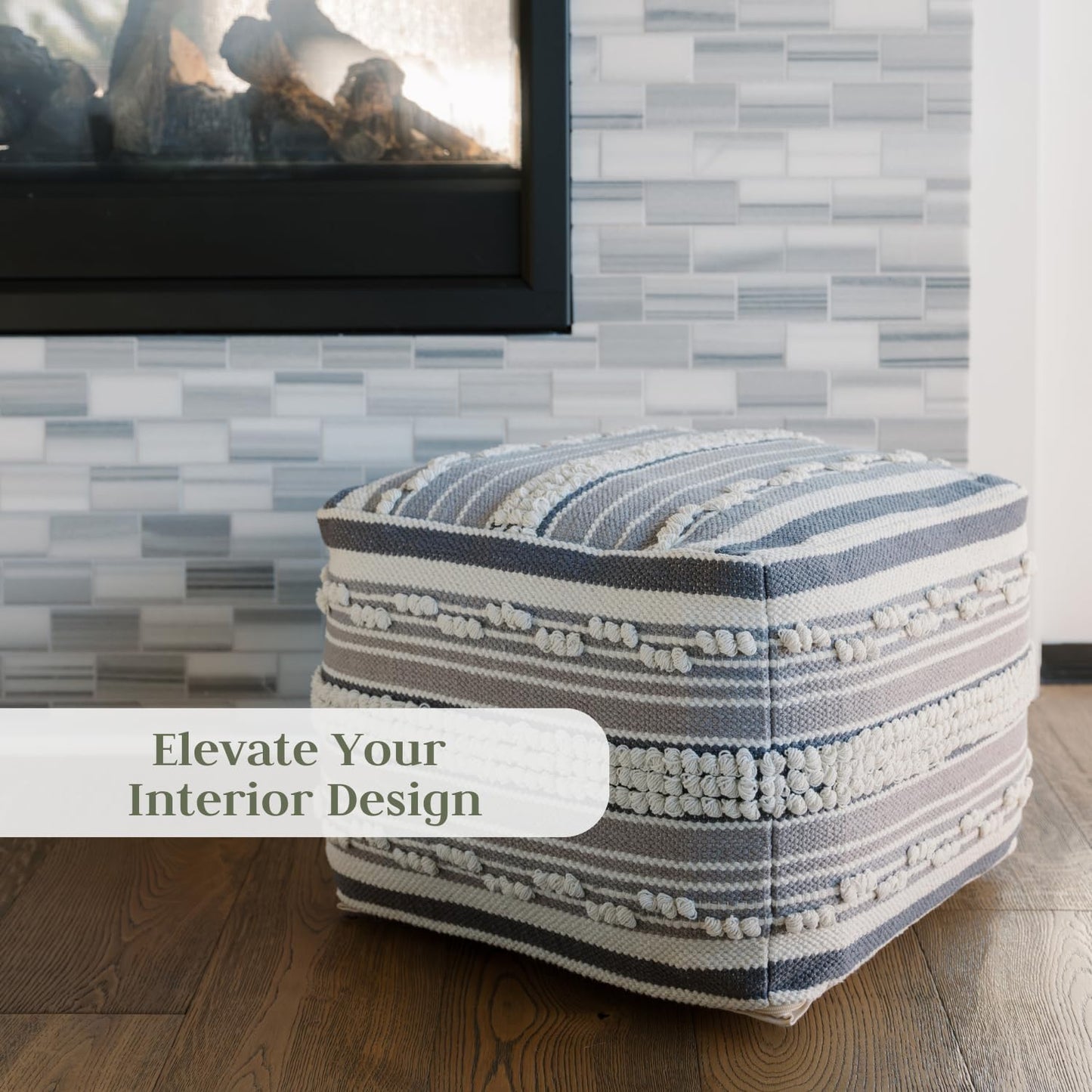 Pouf Ottoman, Square Hand Woven Loop and Striped Ottoman Pouf for Living Room or Bedroom, Floor