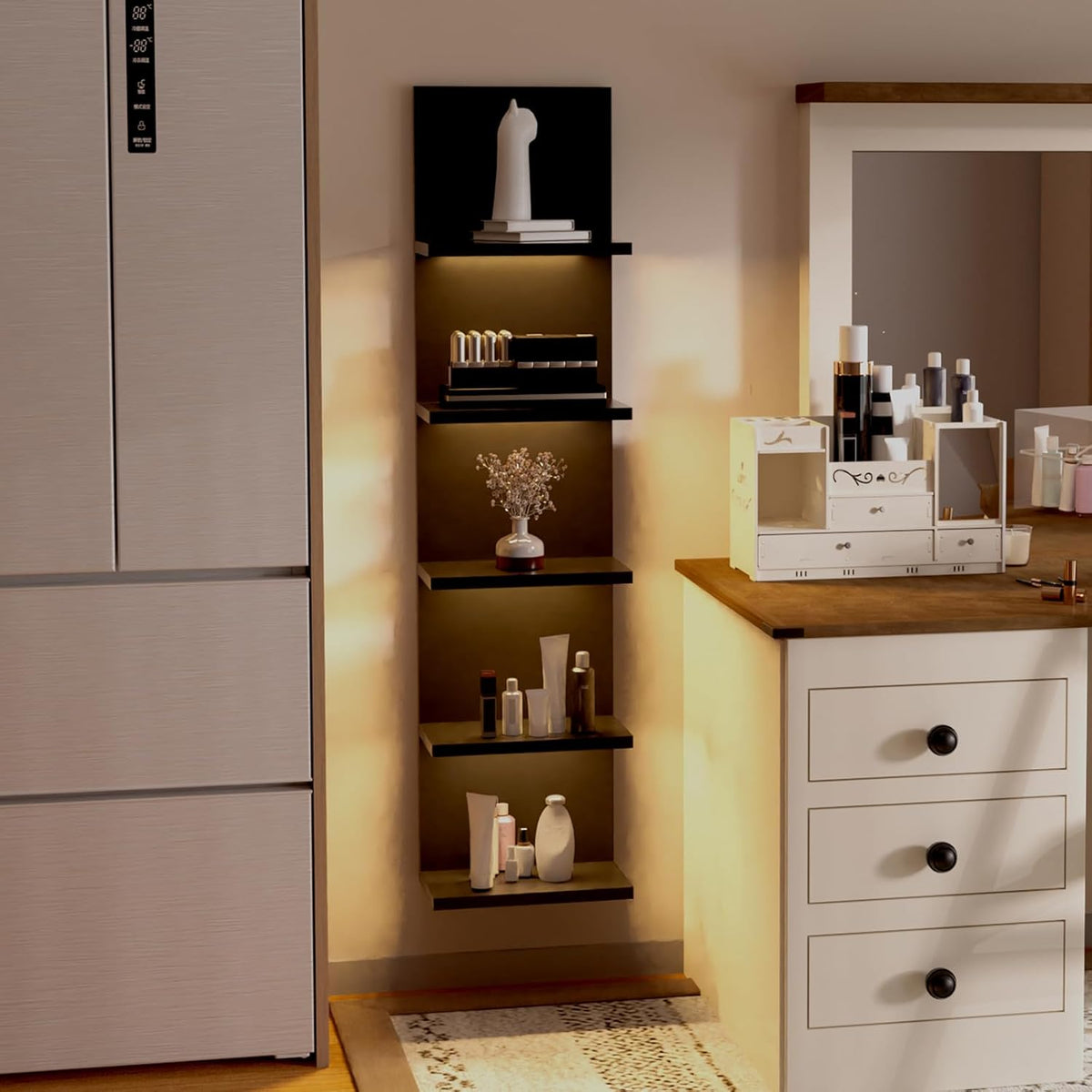 5 Tier Wall Shelf Unit, Black Modern Vertical Lack Wall Shelves with Light, Wall Mount, Floating