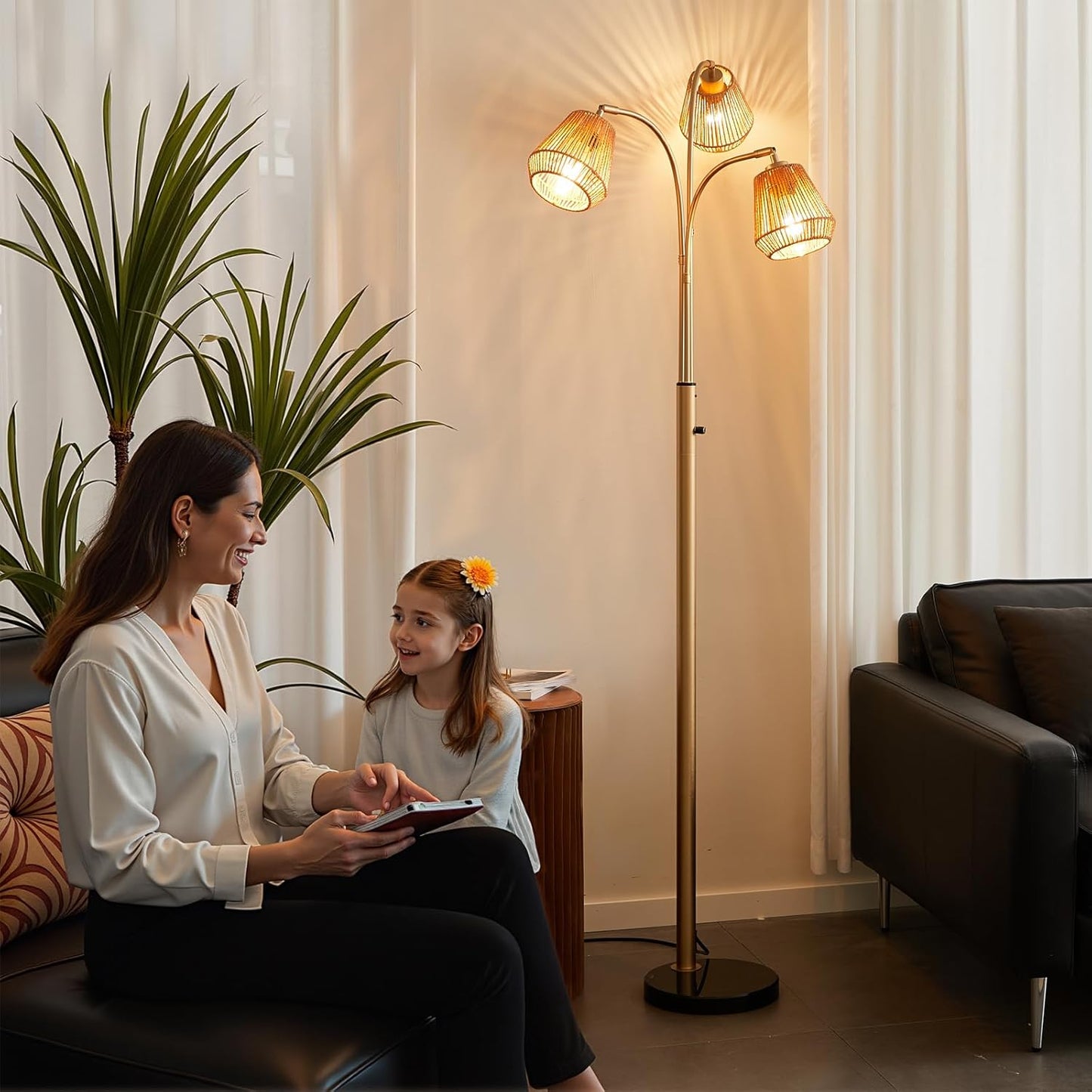 Gold Rattan Floor Lamp for Living Room, 72 Inch Tall Boho Floor Lamp with Rotary Switch, 3 Lights