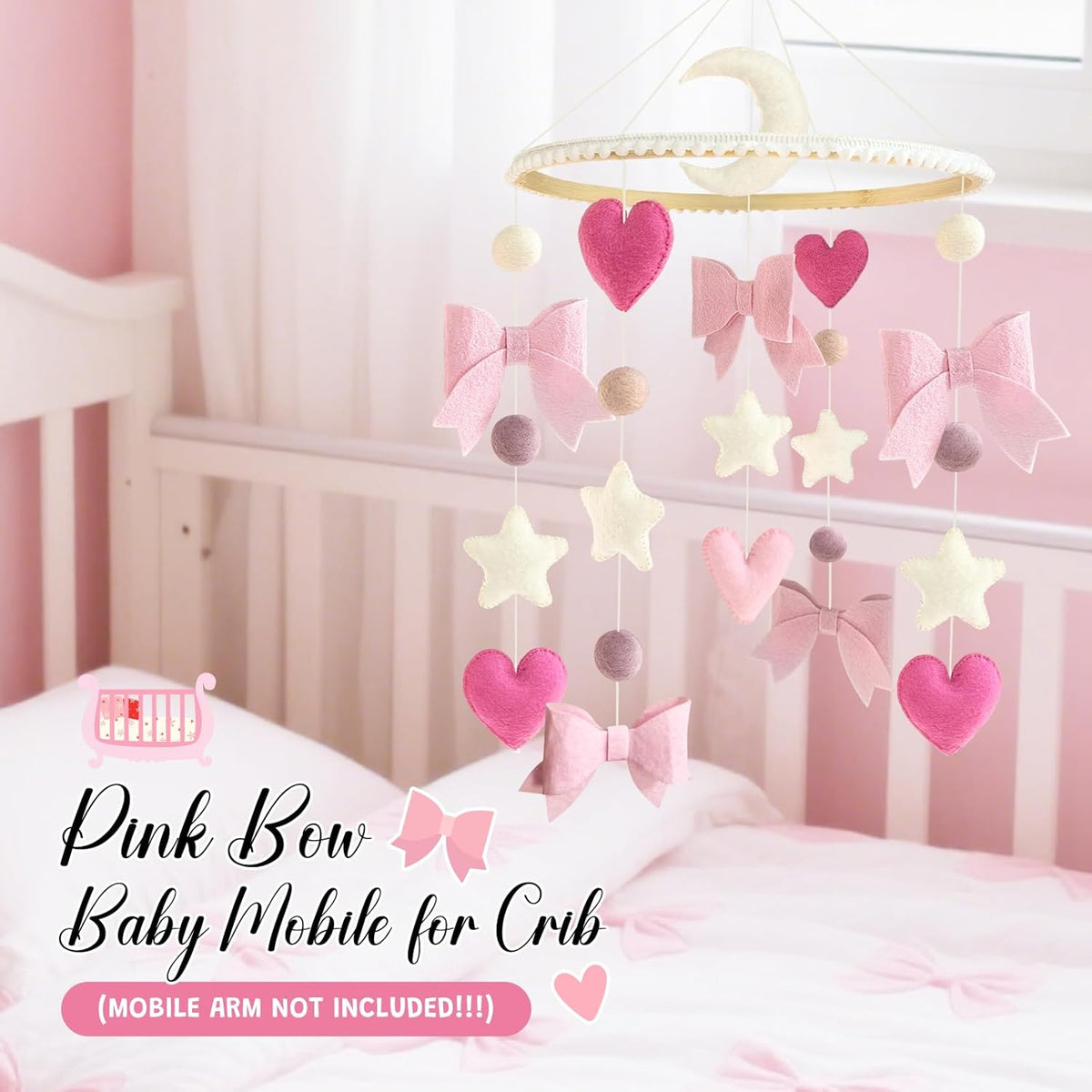 Baby Mobile for Crib Pink Bow Baby Crib Mobile for Girls Handmade Coquette Bow Nursery Decor for