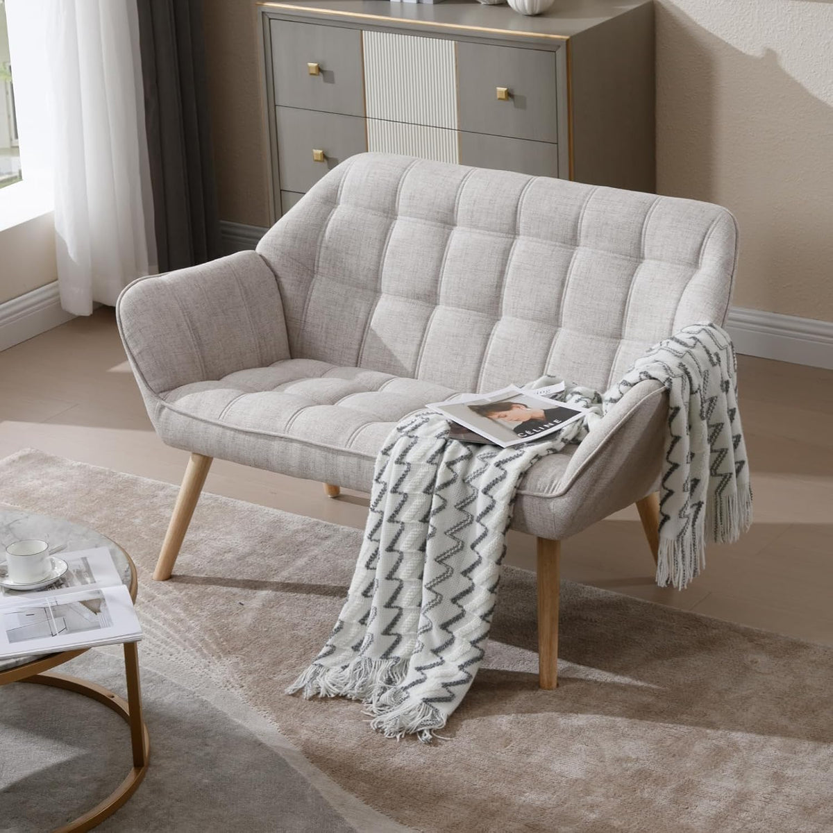 48”Small Loveseat Sofa, Modern Linen Upholstered Mini Couch 2-Seater Fluffy Love Seat with Quilting