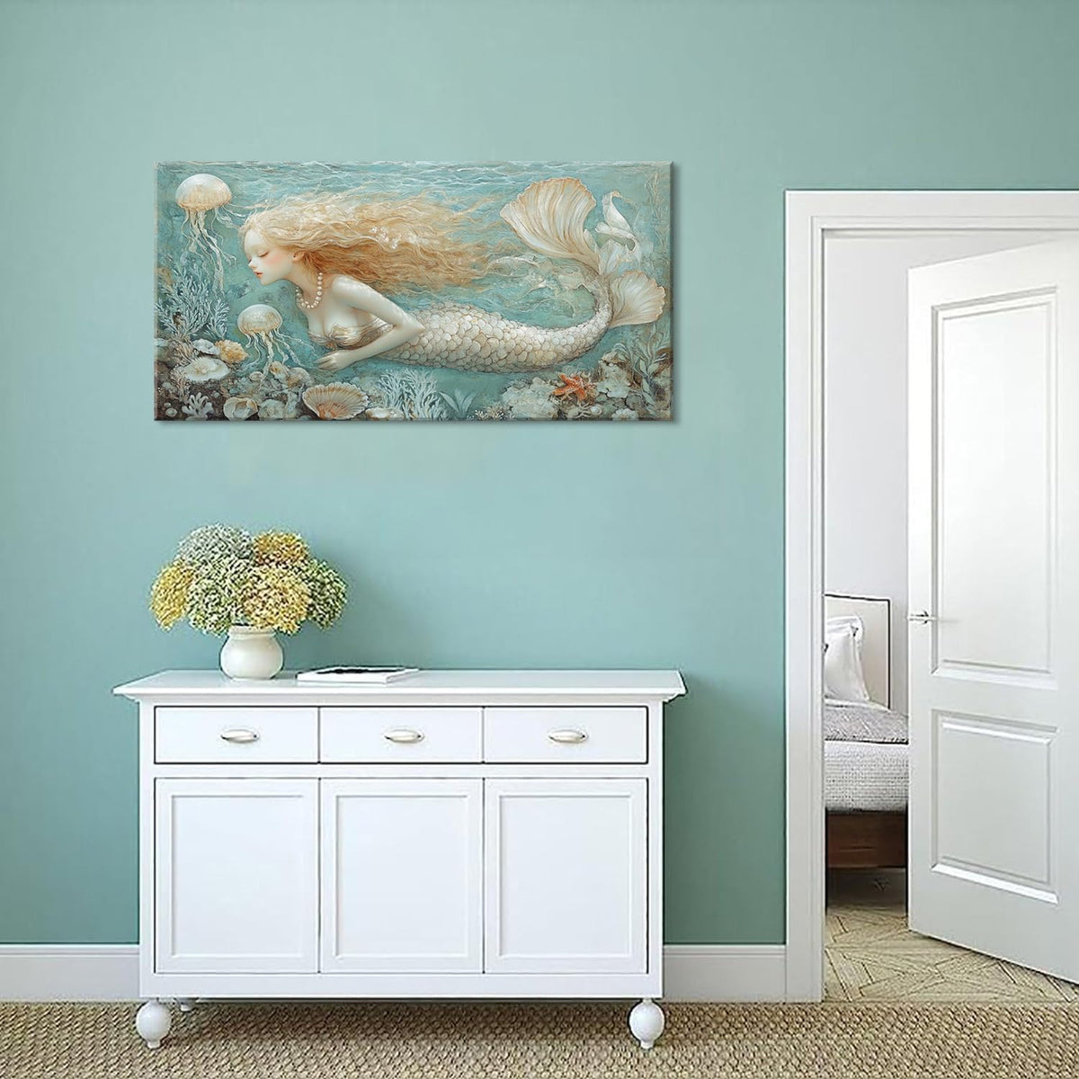 LASMOND Ocean Mermaid Wall Art for Girls Room Modern Canvas Prints Marine Organism Underwater World