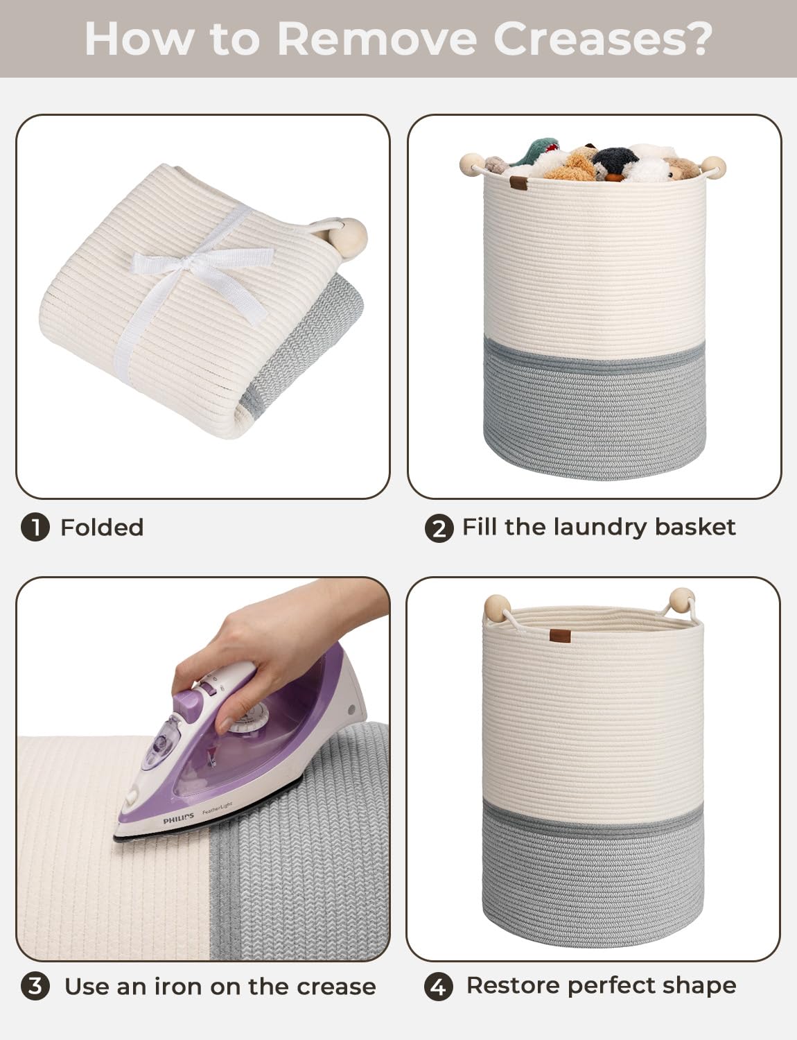 StorageWorks 72L Cotton Rope Laundry Basket with Wooden Beads Handles, Woven Basket for Storage