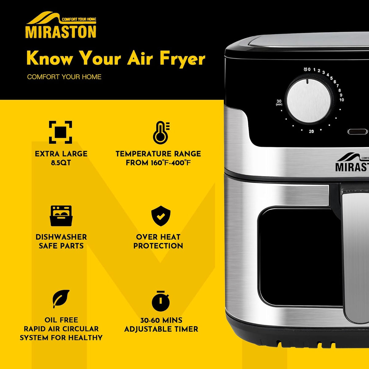 8.5QT Air Fryer, Upgraded Family Size Capacity, Visual Window, Square Basket Dials Stainless Steel