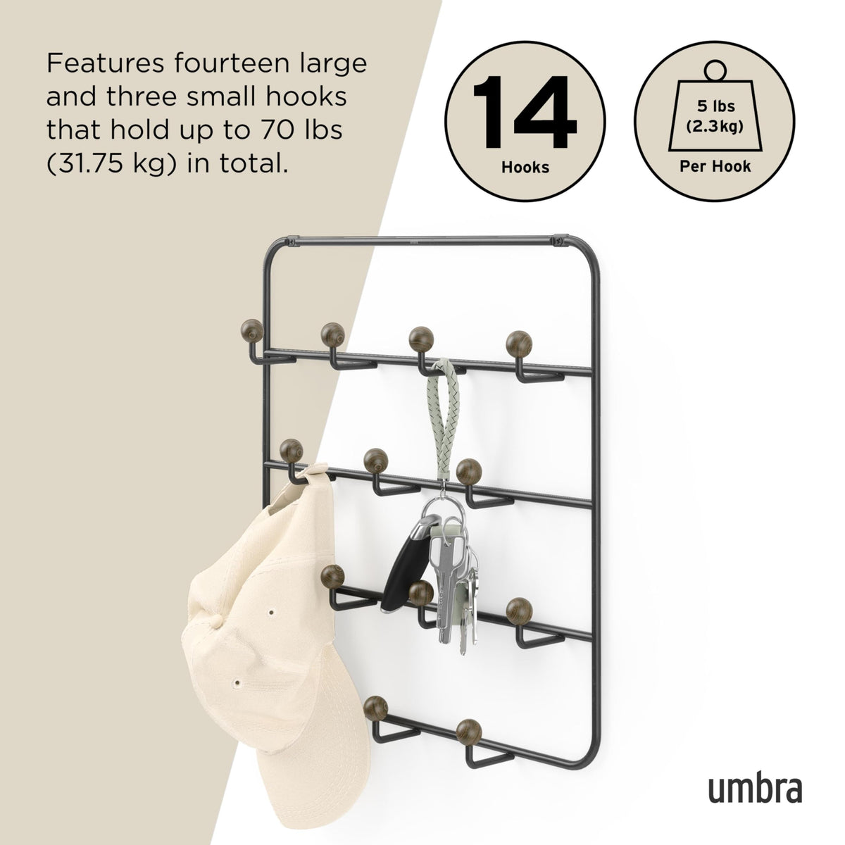 Umbra Estique Coat Rack, Over the Door Wall Hooks, 14 Hook, Black/Walnut
