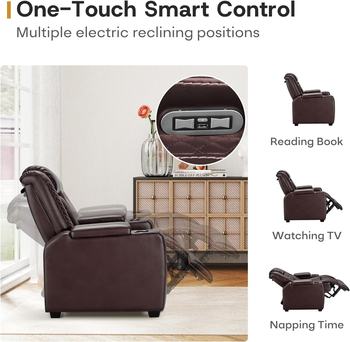 ANJ Power Home Theater Seating Set of 2, Brown Faux Leather Electric Recliner Chair with Powered