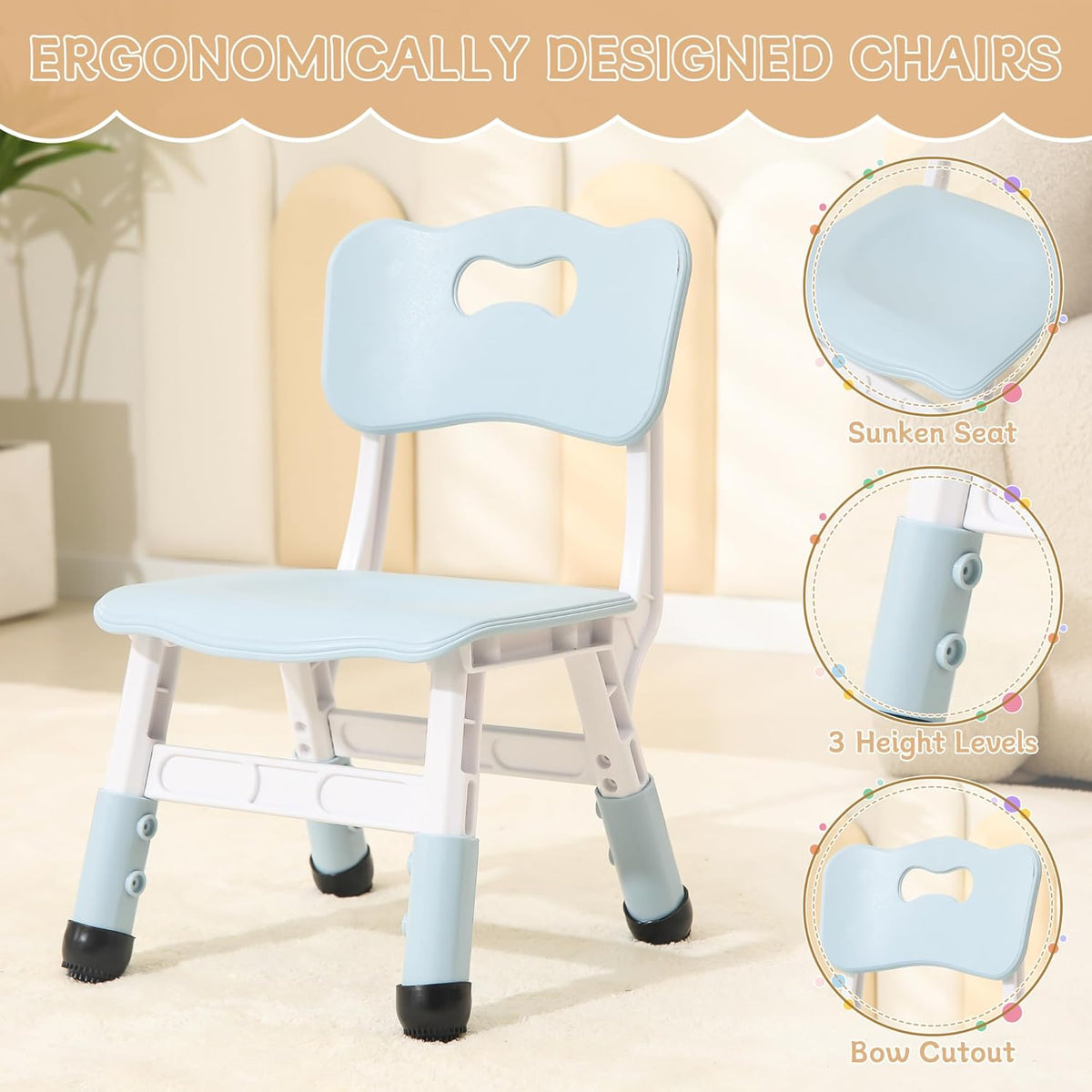 Height-Adjustable Kids Table and Chairs, 31.5''L x 23.6''W Toddler Table and 4 Chairs Set with