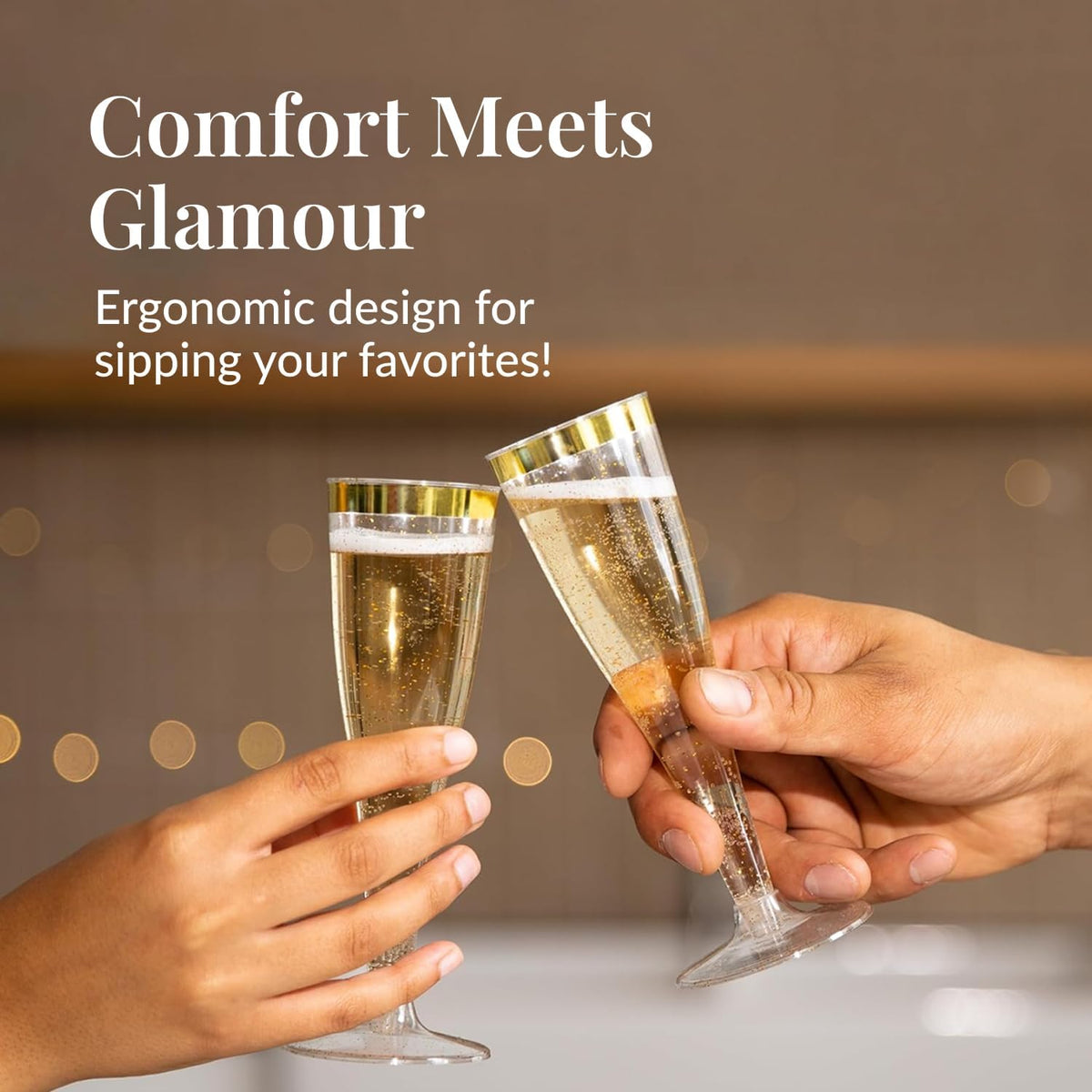 Prestee 48 Disposable Plastic Champagne Flutes with Gold Rim Glitter - Clear Toasting Glasses for