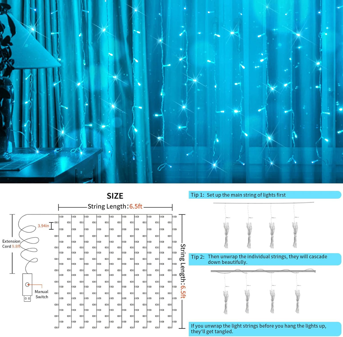 suddus Curtain Lights for Bedroom, 200 Led 6.5ft x 6.5ft Hanging String Lights Outdoor, Fairy