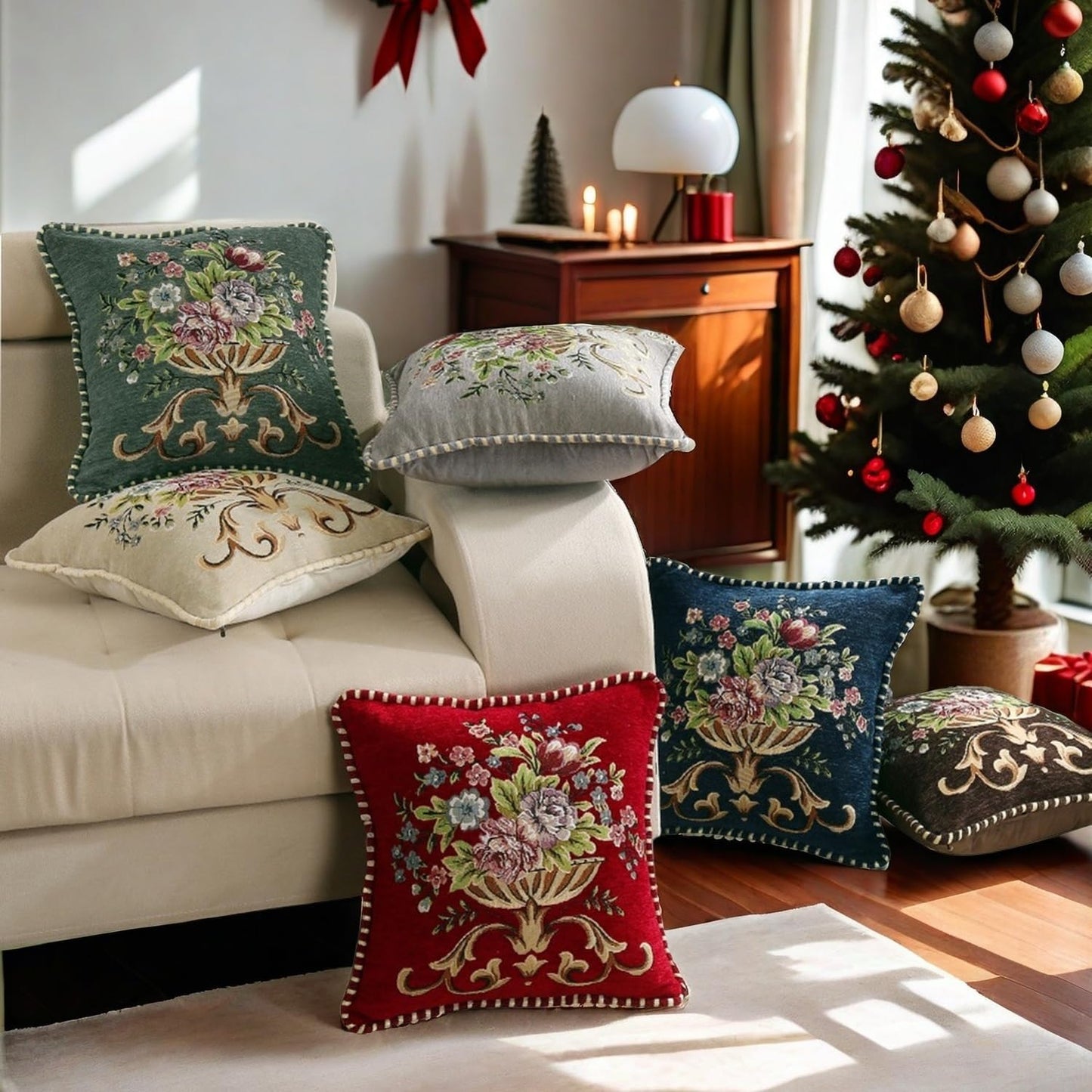 2 Pcs Grey Chenille Vintage Embroidered Throw Pillow Covers 18x18in,Grey Tassel Vintage Pattern