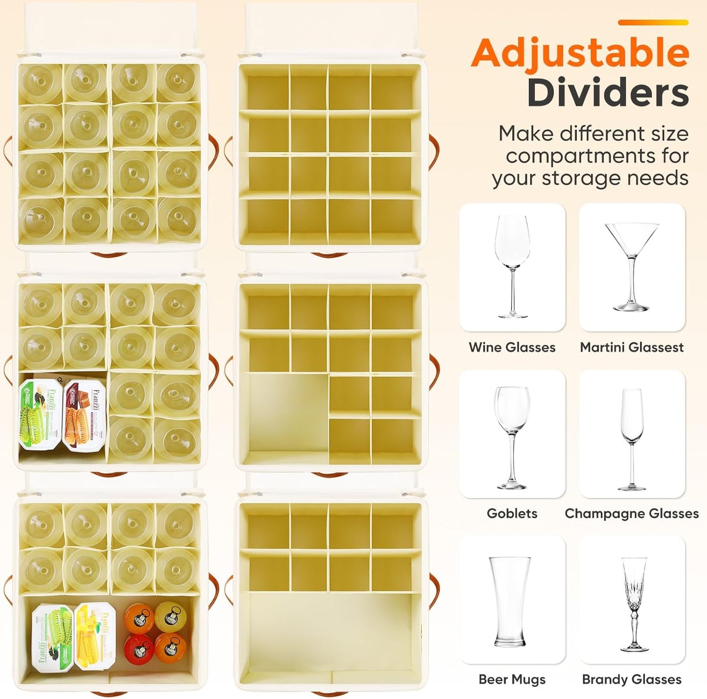 Wine Glass Storage Box with Dividers, 2 Pack Glassware Storage Containers, Stemware Storage Cases