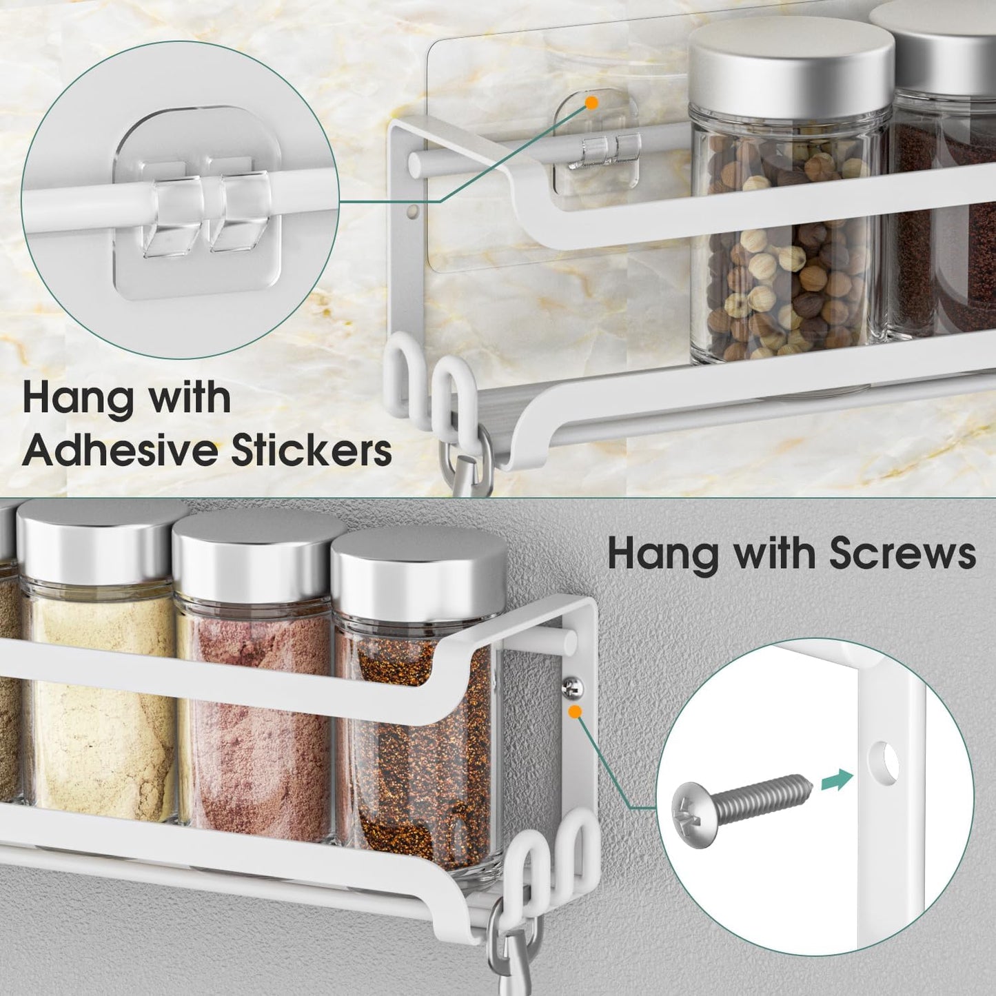 LUCYCAZ 4 Pack Wall Mounted Spice Rack with 16 Hooks, Spice Organizer Shelf for Stove Cabinet