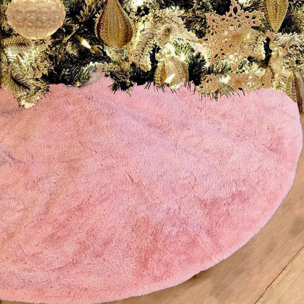 AOGU 36 Inch Faux Fur Christmas Tree Skirt Pink Shiny Plush Skirt for Merry Christmas Party