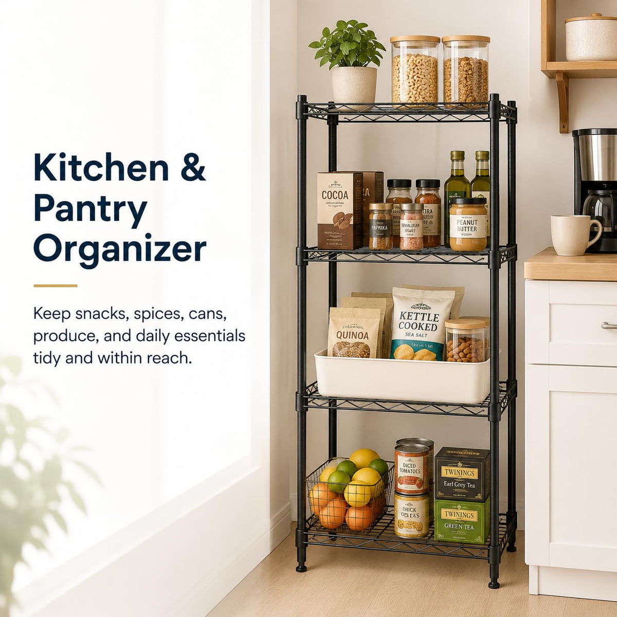 Orchidleaf 4 Tier Storage Shelves, Metal Wire Shelving Unit, Heavy Duty Adjustable Shelf Rack for