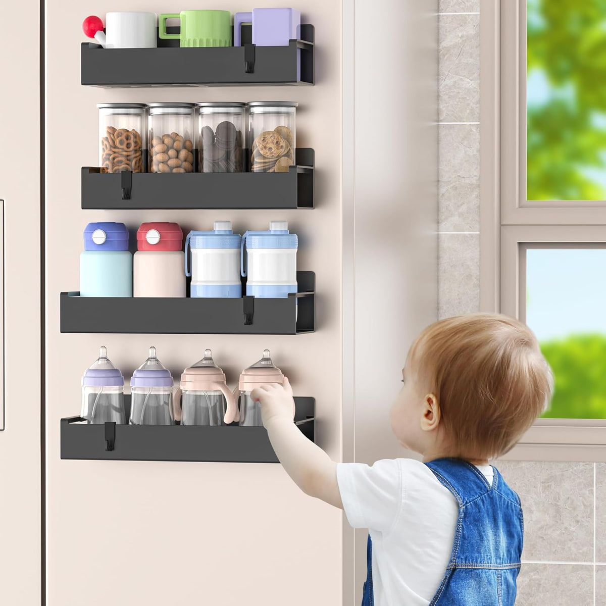 4 Pack Magnetic Spice Rack Organizer for Refrigerator and Oven, Matt Black Fridge Organizers and