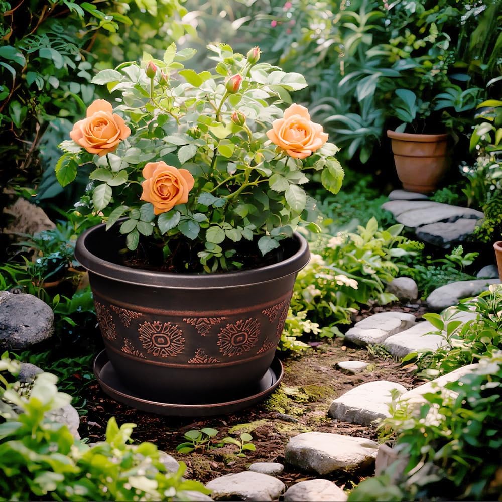 6 Pack 8 inch Plant Pots, Retro Pattern Planters with Drainage Holes and Saucer, Sturdy Plastic