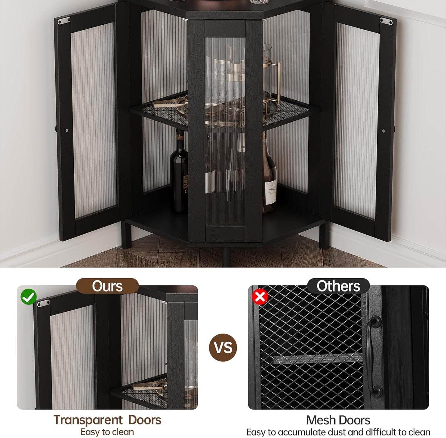 Corner Bar Cabinet with Power Outlet, 5-Tier Corner Wine Cabinet with Led Strip and Glass Holder