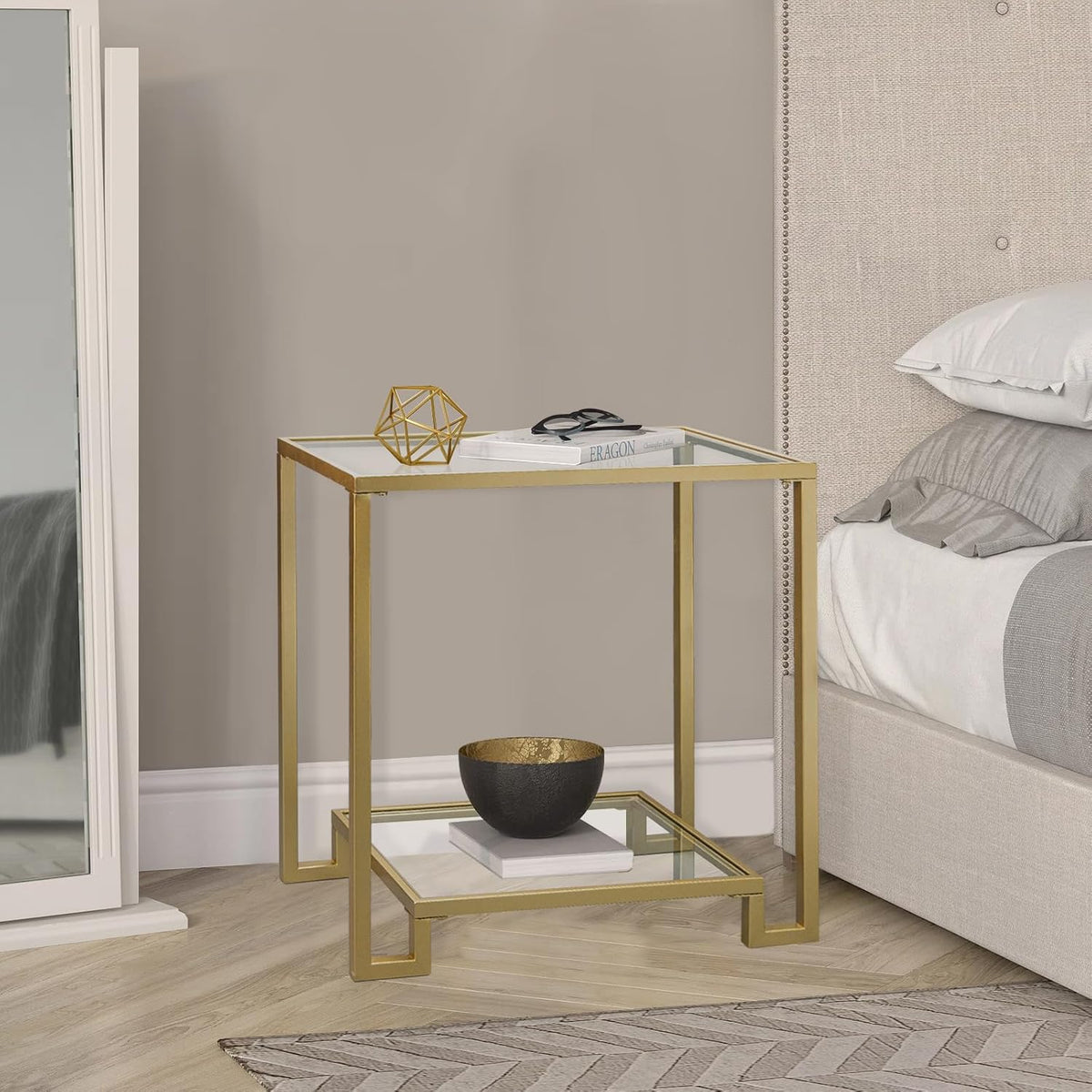 2 Tier Rectangular Side Table, Gold End Table with Glass Top, Modern Metal Clear Coffee Table,Small