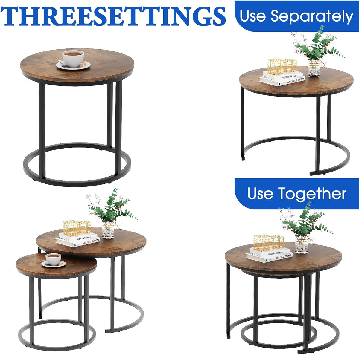 aboxoo Coffee Table Nesting Round Table Set of 2 Side Table with Sturdy Metal Frame for Living Room