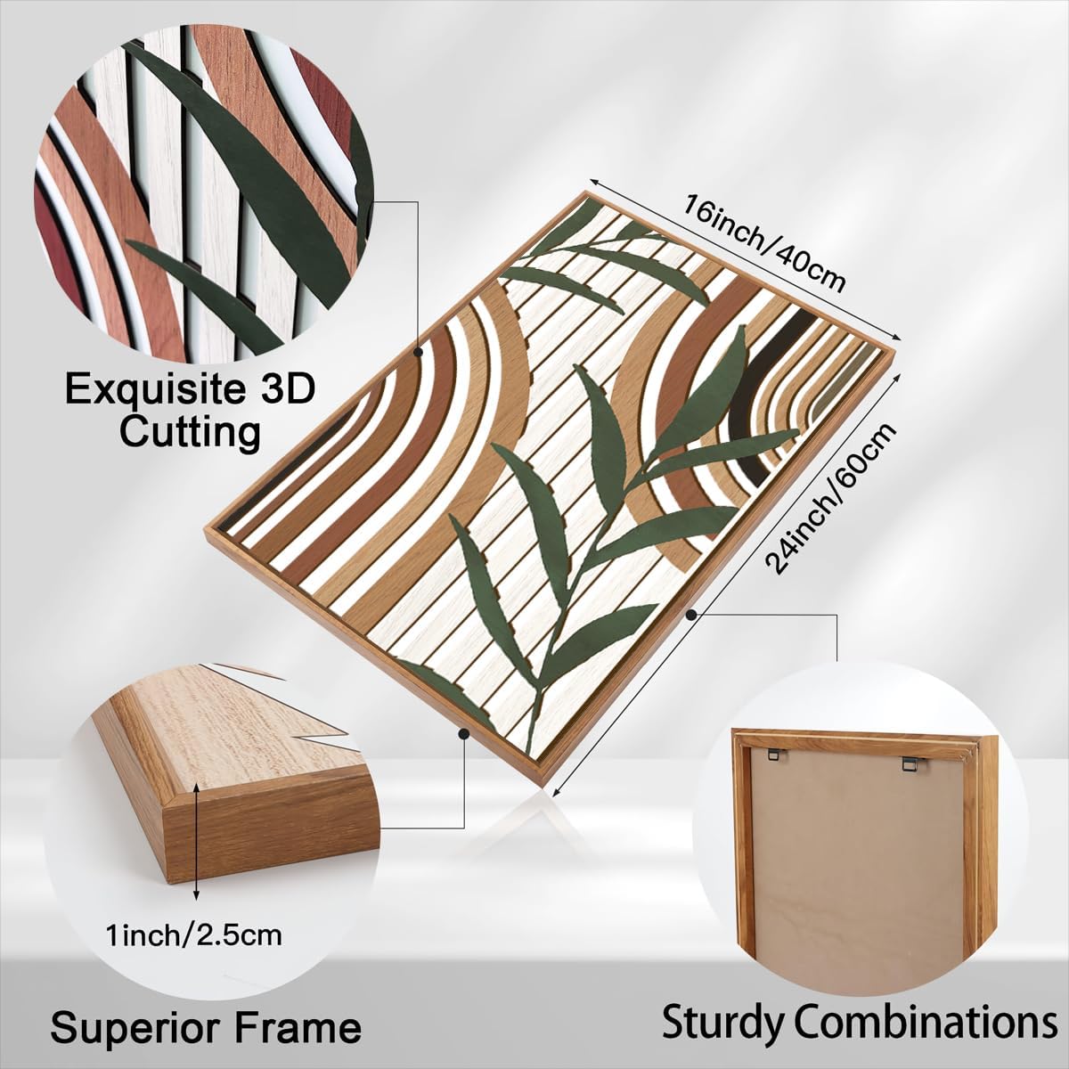 Large Boho Mid Century Wood Wall Art Set,Modern Geometric Leaves Artwork Bohemian Wall