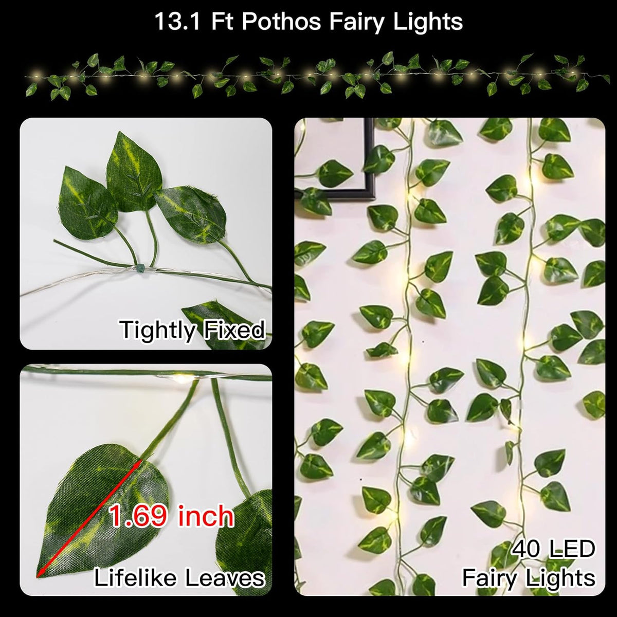 suddus Vine with Fairy Lights Battery Operated, 13.1ft 40 LED Pothos String Lights with Remote