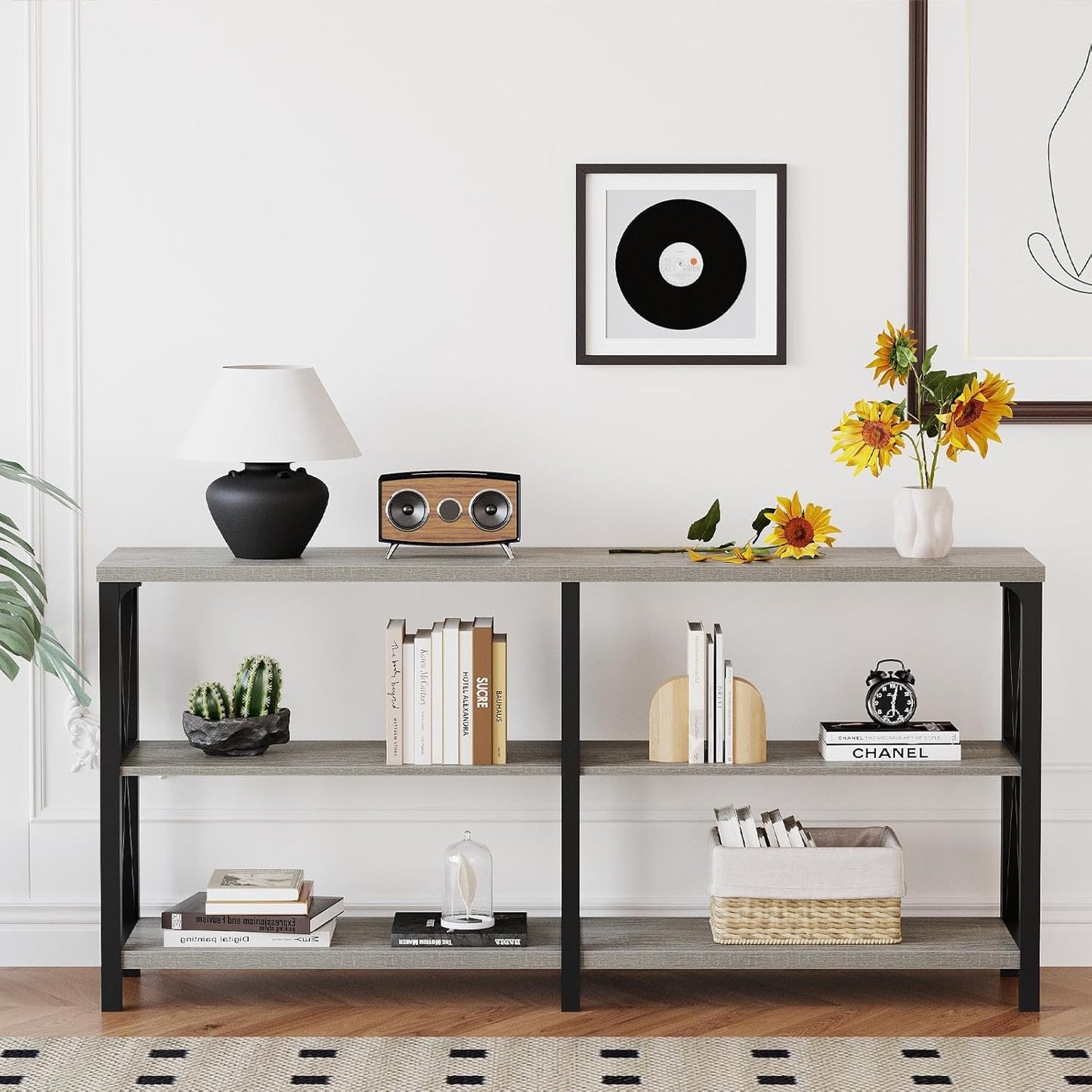 LVB Industrial Entryway Table, Farmhouse Rustic Console Table Behind Couch, Long Metal Wooden Sofa