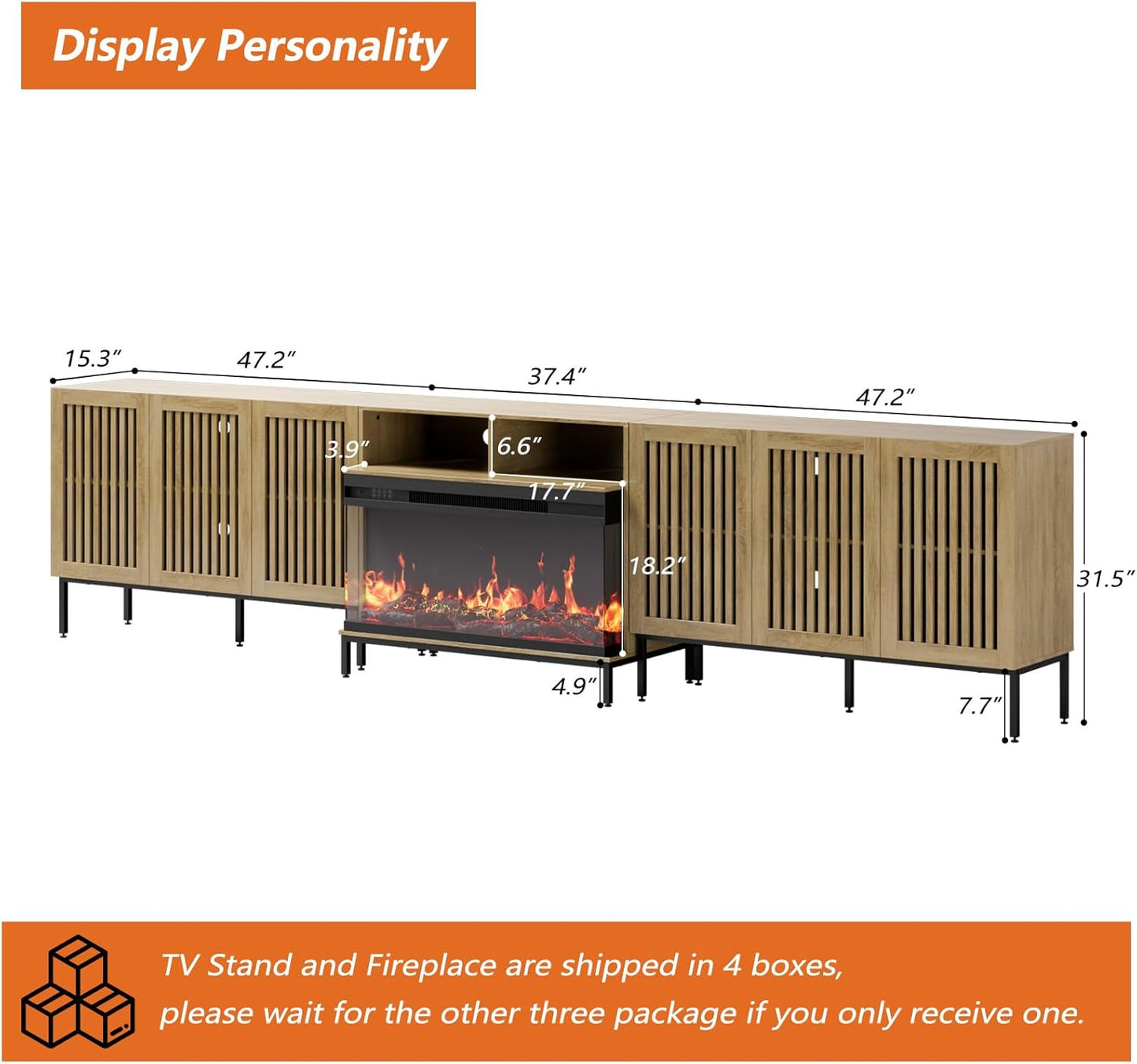 3-Sided Glass Farmhouse Fireplace TV Stand for TVs Up to 110 Inch, Oak Entertainment Center with