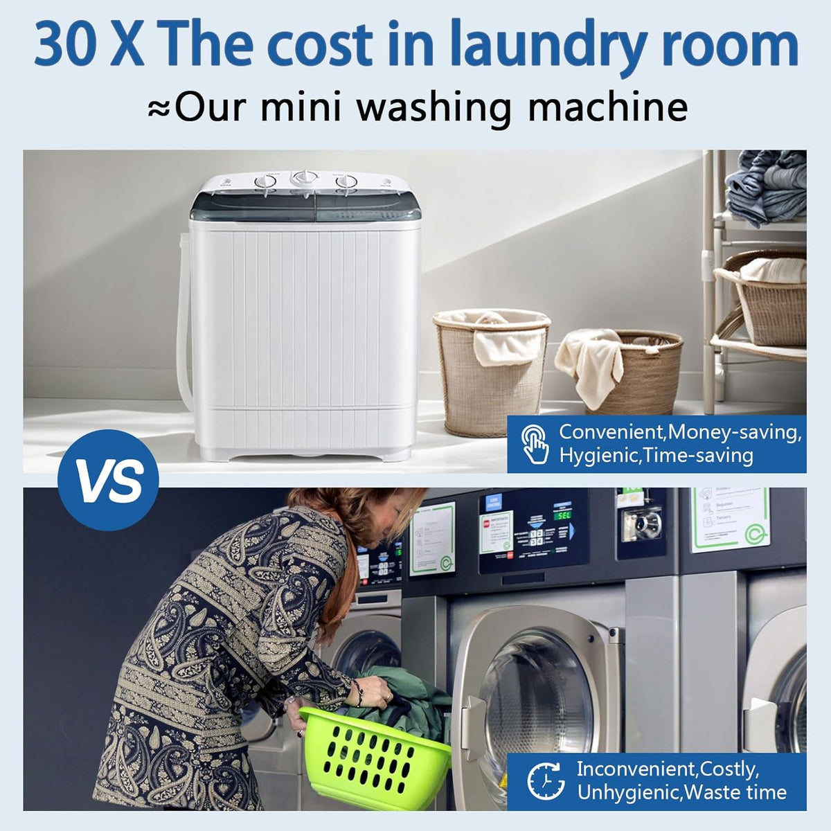 Portable Mini Twin Tub 22lbs Washing Machine With Drying Rack& 10 Hangers, 13lbs Washer & 9lbs