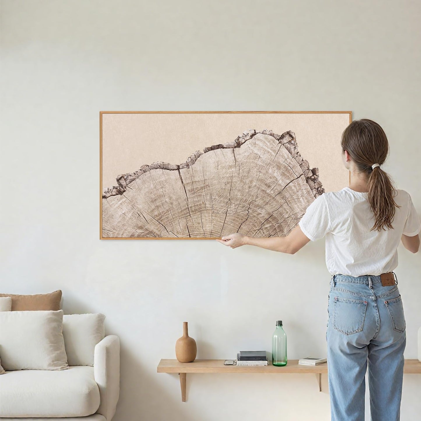 SIGNINART Large Tree Ring Framed Canvas Wall Art, Rustic Beige Wooden Wall Decor, Neutral Nature