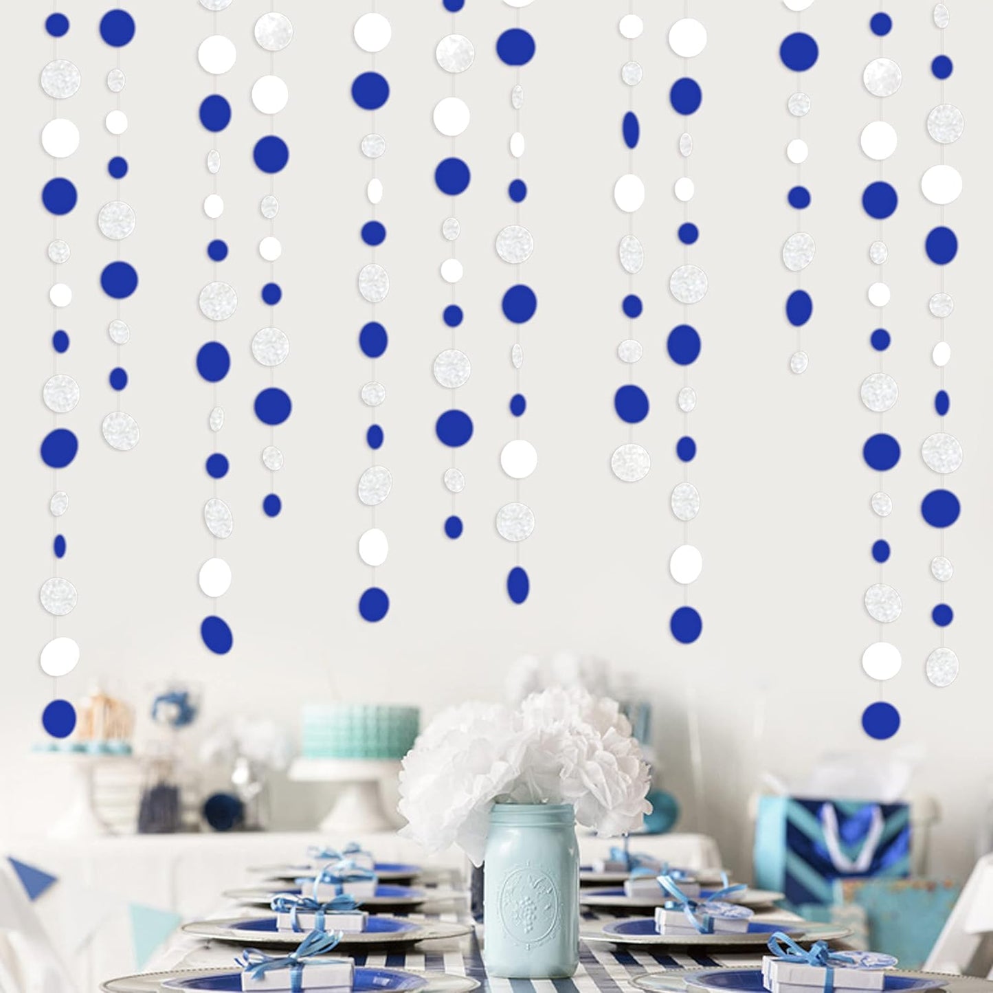 46 Feet Navy Blue White and Silver Circle Dots Garland Royal Blue Hanging Paper Polka Dots Streamer