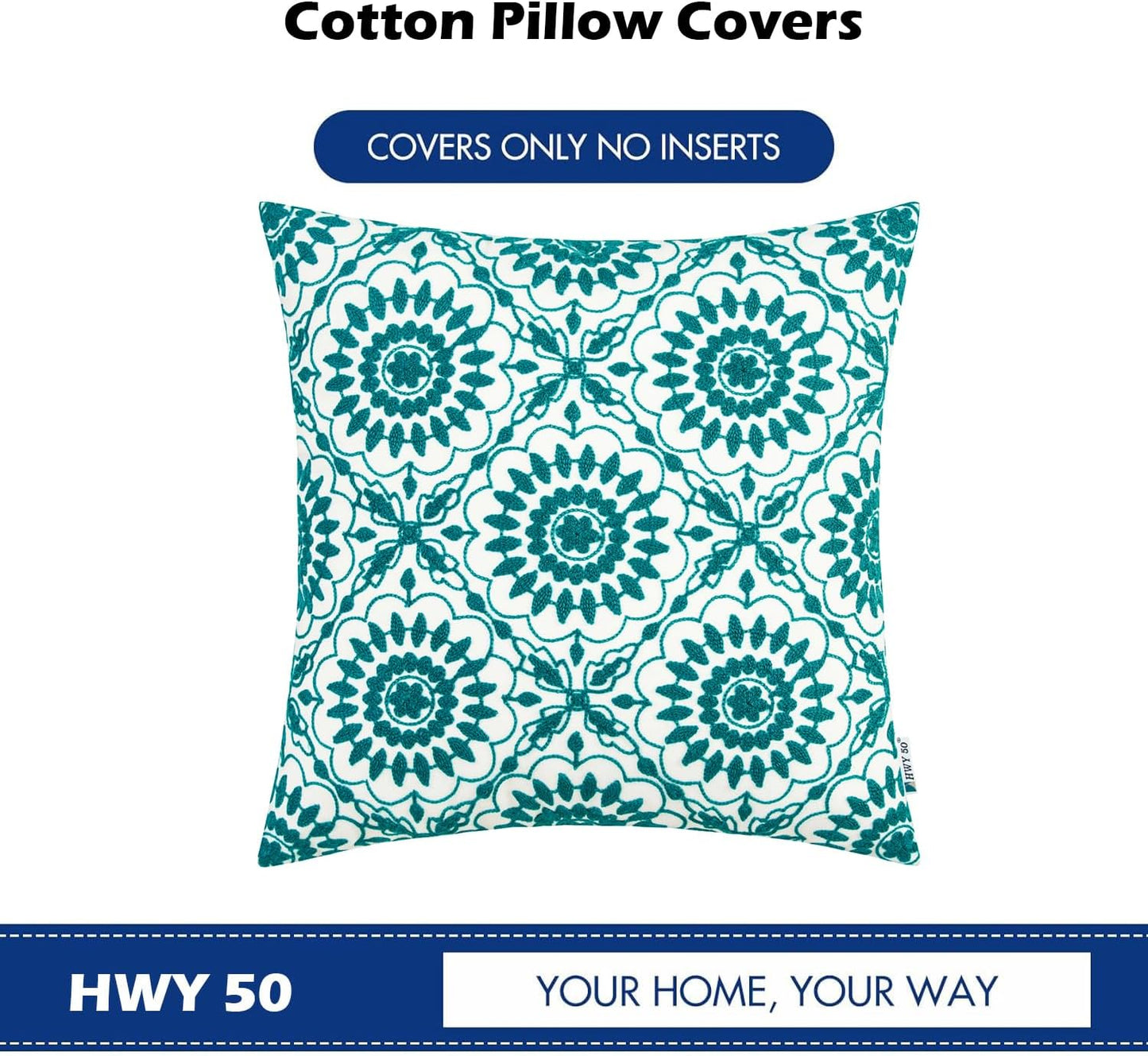 HWY 50 Teal Decorative Throw Pillow Covers 18x18 Inch (1 Piece), Embroidered Cotton Farmhouse