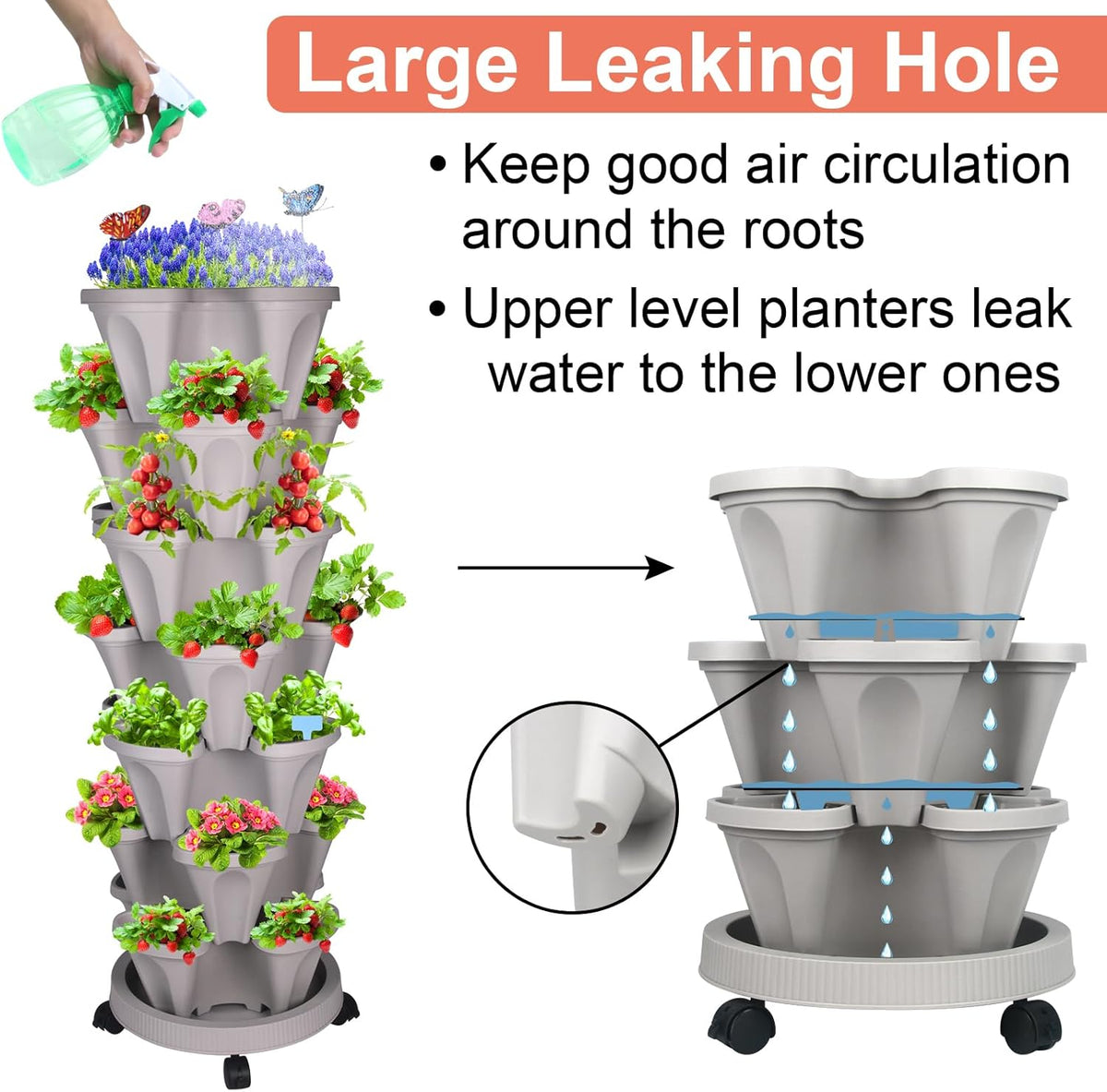 Vertical Planter, 7 Tier Stackable Strawberry Planter with Garden Tool Set, Movable Indoor/Outdoor