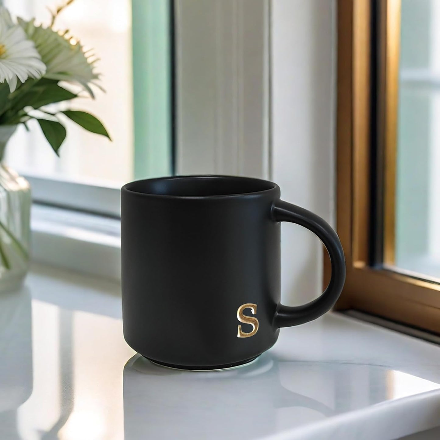 COLLECTIVE HOME - Black Monogram Ceramic Mugs, 15 oz Golden Initial Coffee Cups, Elegant Alphabet