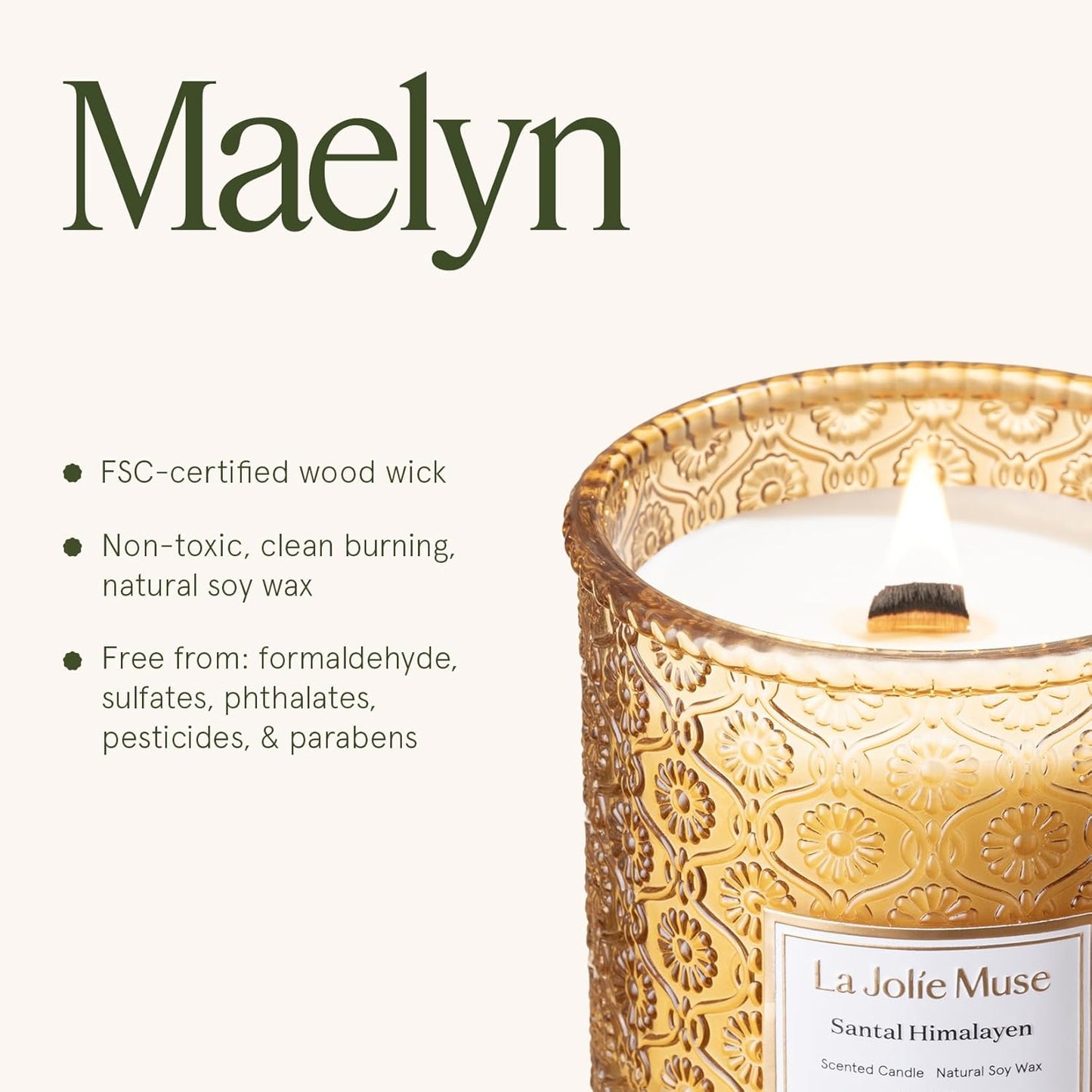 LA JOLIE MUSE Santal Himalayen Candle - Sandalwood, Fig & Amber |19 oz Large Wooden Wick Candle |