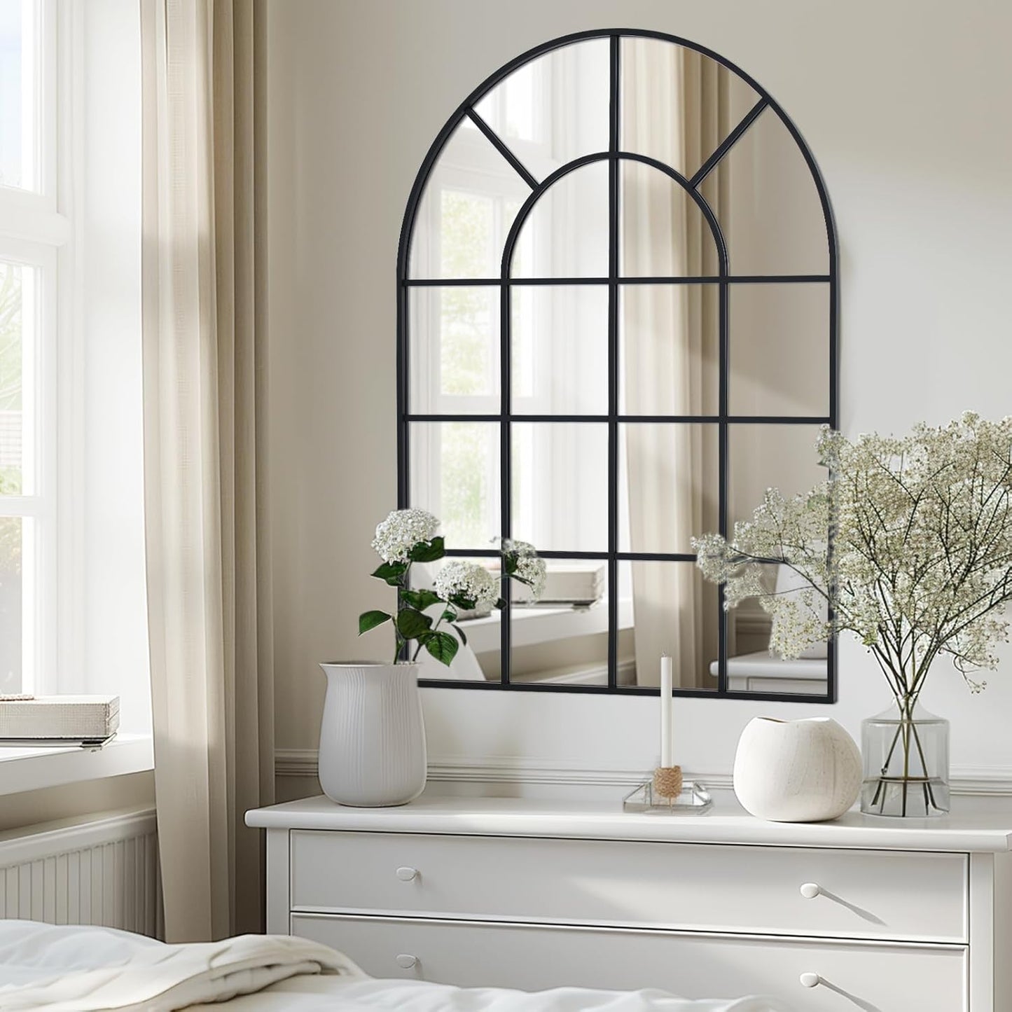 Arched Windowpane Wall Mirror 30"x48" Black Wall Mounted Art Pane Mirror Farmhouse Decorative