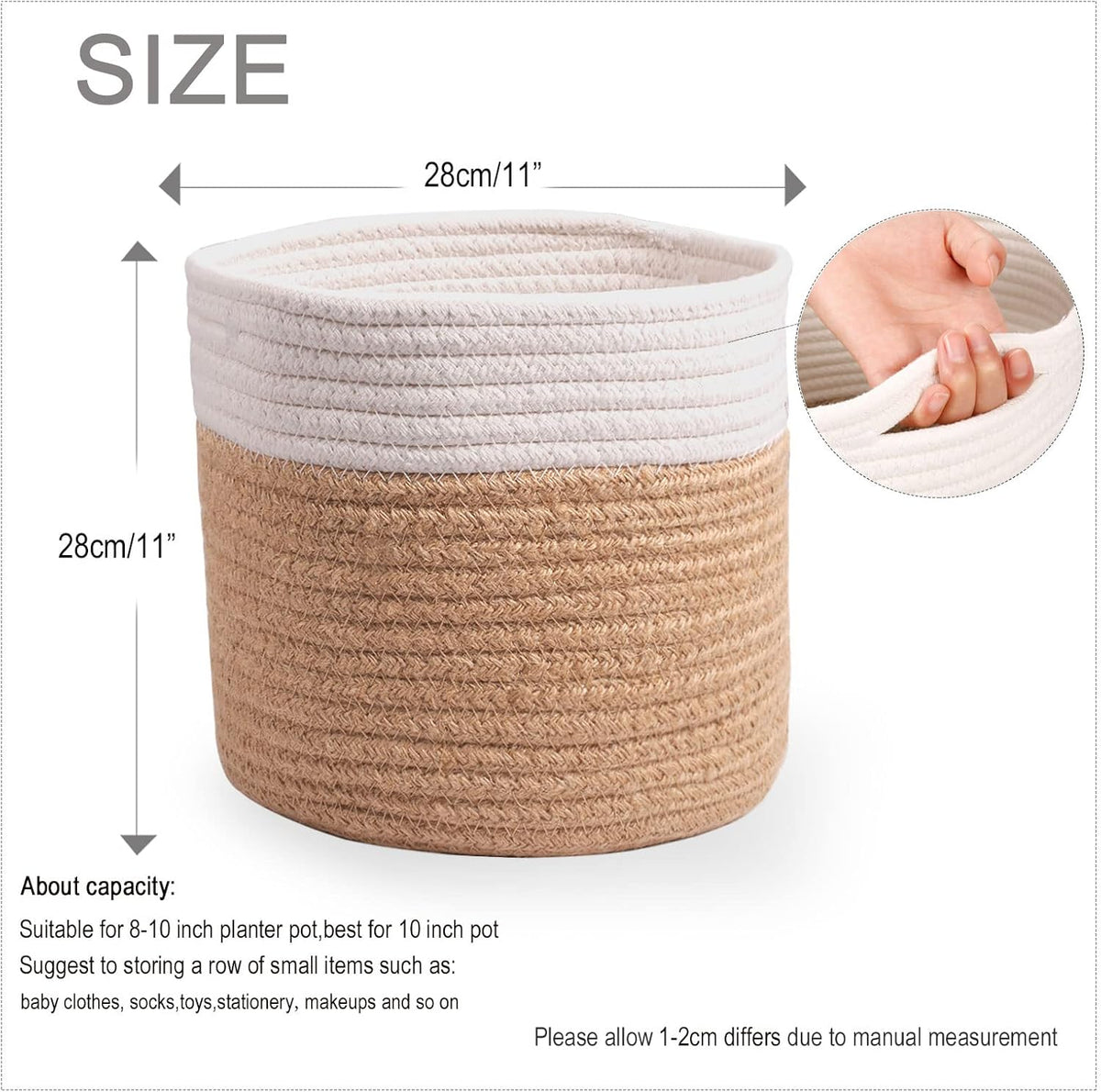 11" Cotton Rope Plant Basket Modern Woven Baskets for 10" Flower Pot Floor Indoor Planters,Storage